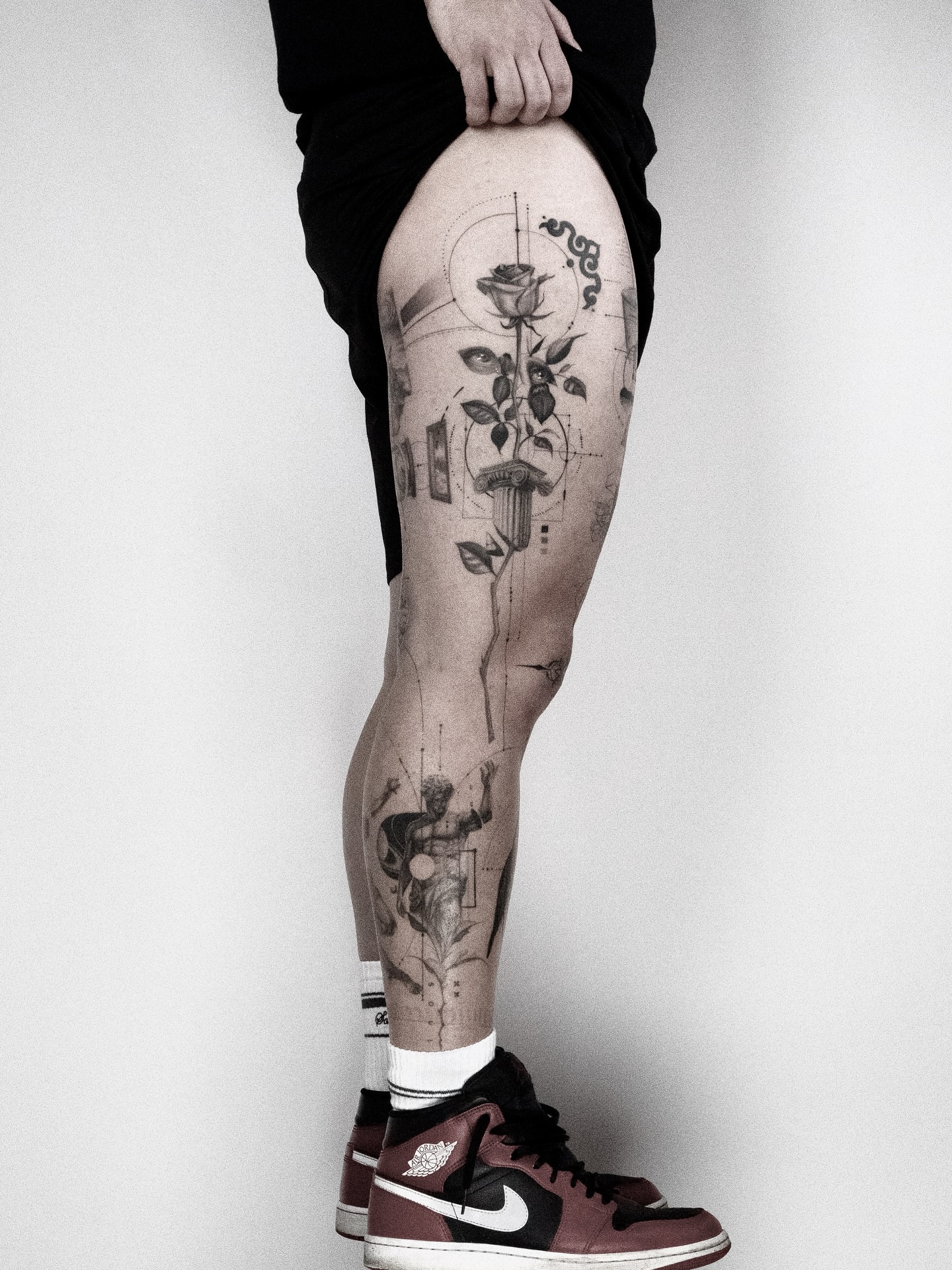 Rose and classical figure realism tattoo on the calf by János Bozóki, Budapest, Hungary