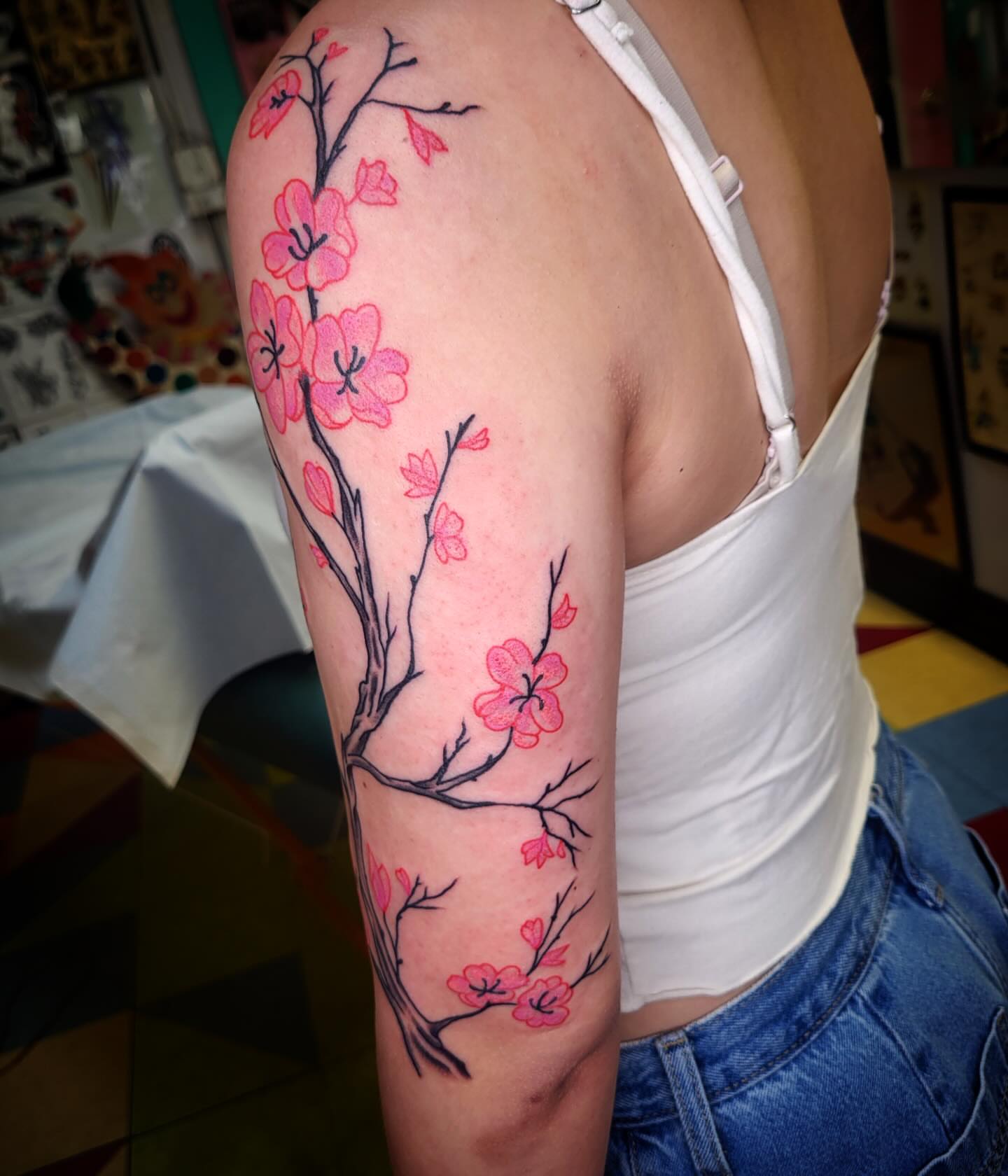 Cherry blossom branch dotwork tattoo on the forearm by joe martinez, Denver, Colorado