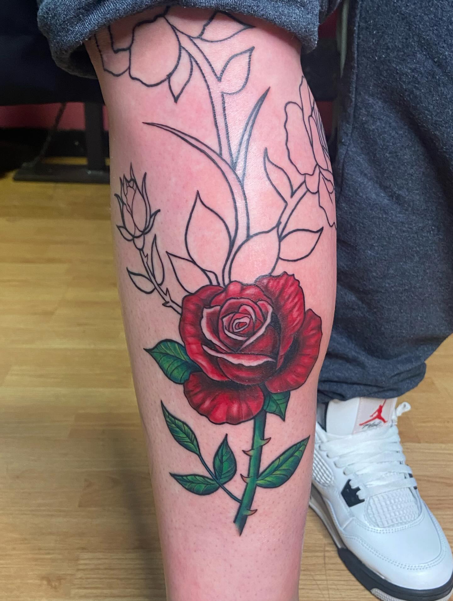 Red rose American traditional tattoo on the leg by ~KR¥$~