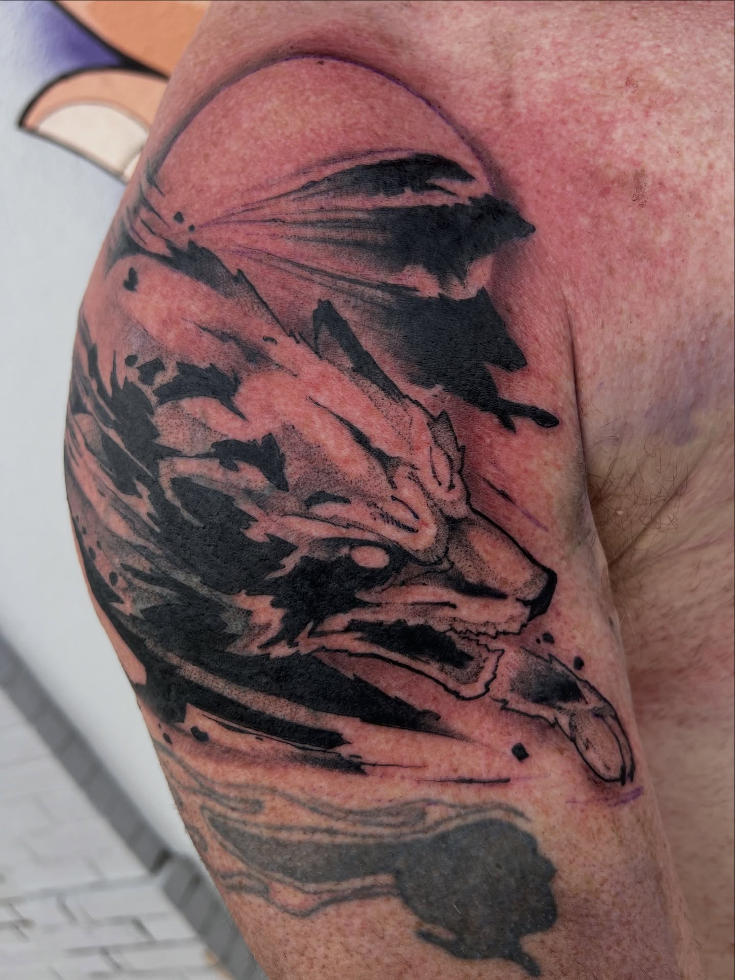 Fox black and grey tattoo on the shoulder by Owen Smith -OEOS- SF