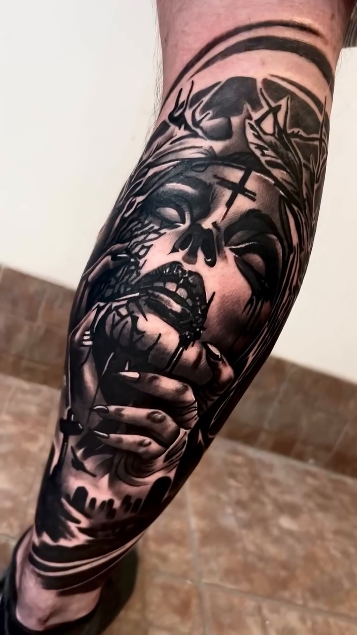 Tattoo by @harveyztattooz — realism, black_and_grey