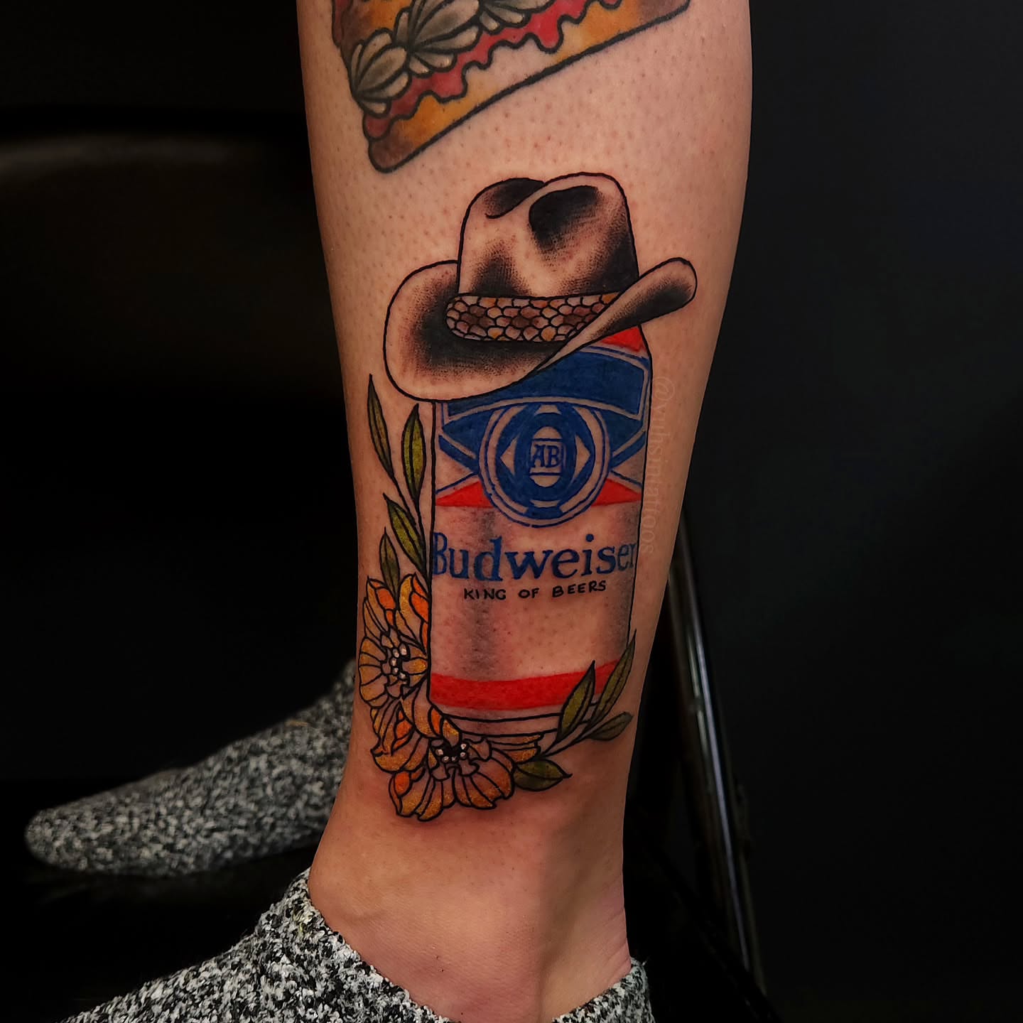 Budweiser can with cowboy hat American traditional tattoo on the calf by Sheena Yu-Hsin Wood