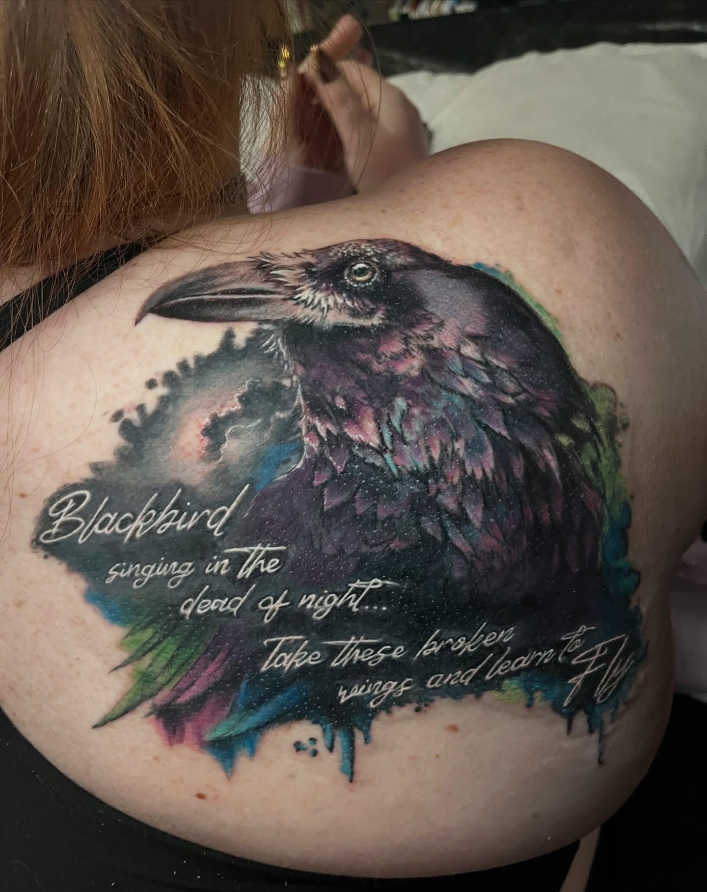 Crow realism tattoo on the shoulder by SJ