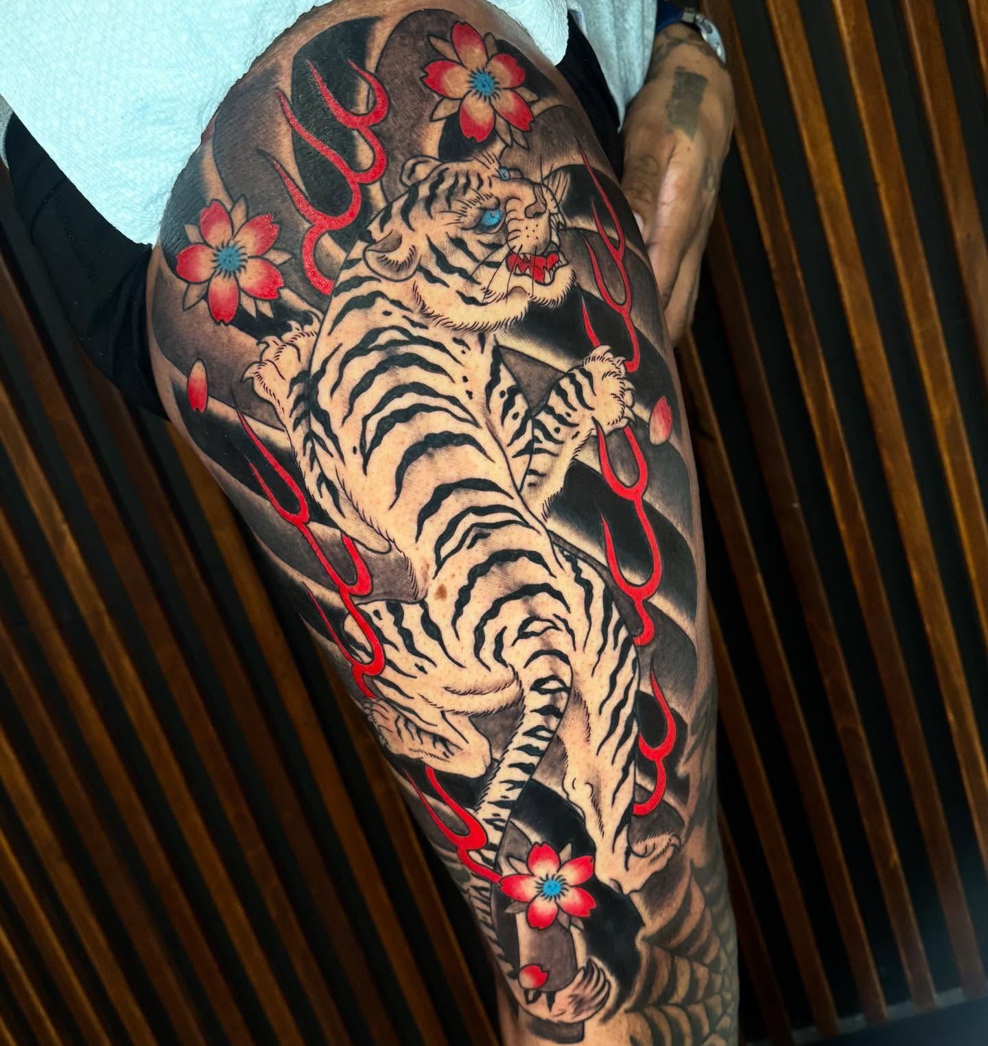 Tiger and cherry blossoms japanese irezumi tattoo on the forearm by Graham Edward Vogel