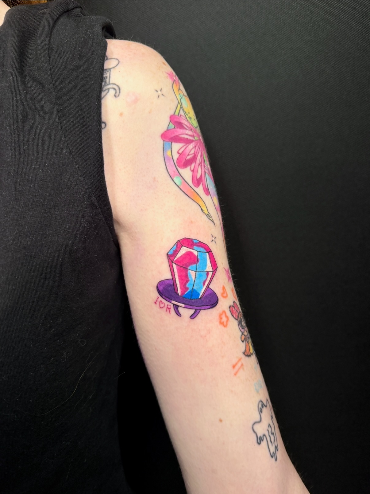 Gemstone new school tattoo on the forearm by aria, Austin, Texas