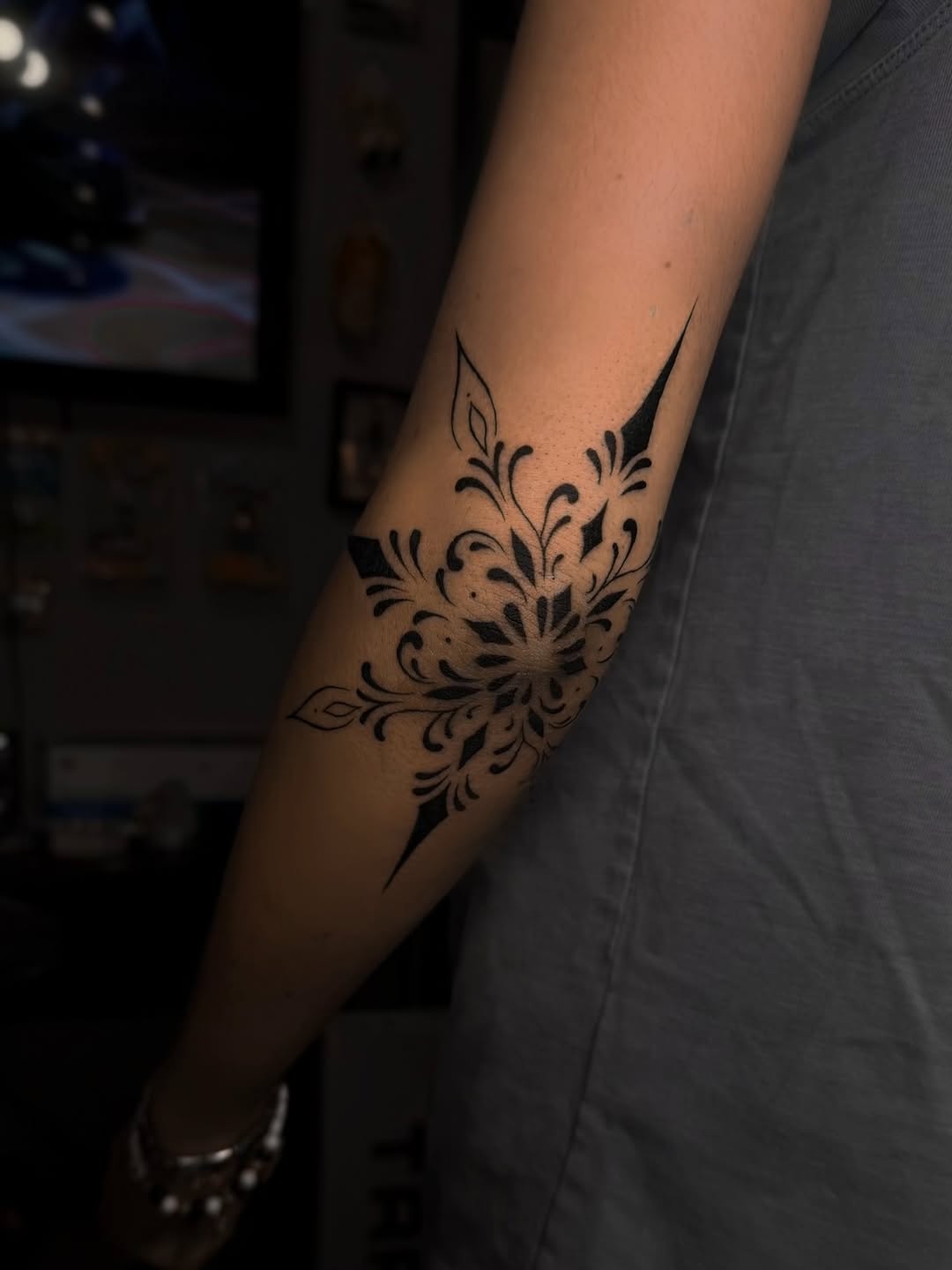 Ornamental mandala ornamental tattoo on the forearm by Dee, San Diego, California