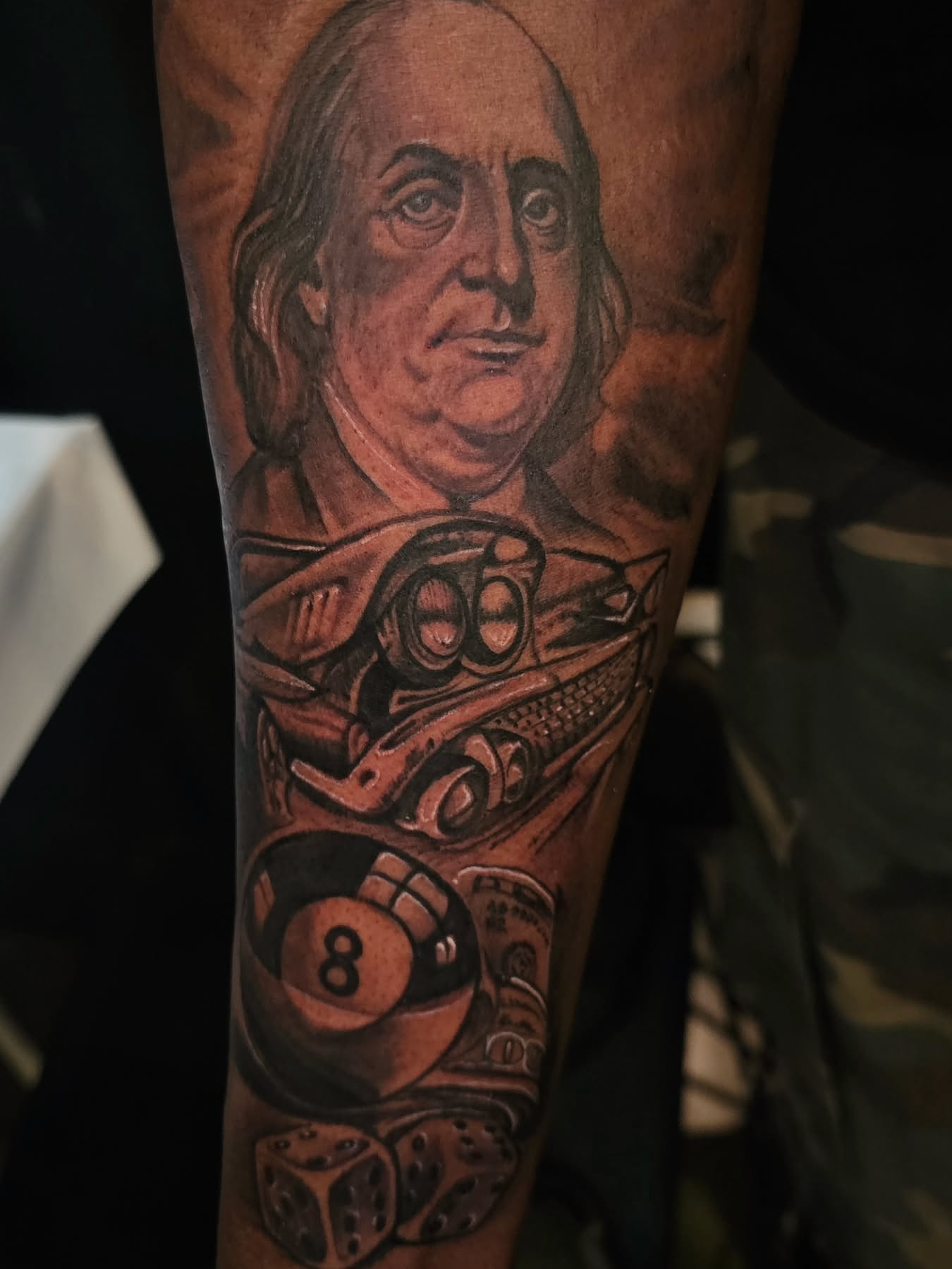 Benjamin franklin realism tattoo on the forearm by Christian Mulvey