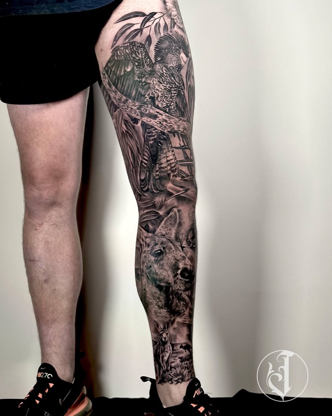 Kangaroo and cockatoo Japanese tattoo on the leg by Tattoos By Josh