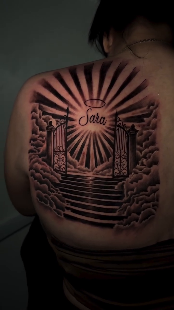 Heavenly gates with stairs and clouds realism tattoo by Thomas