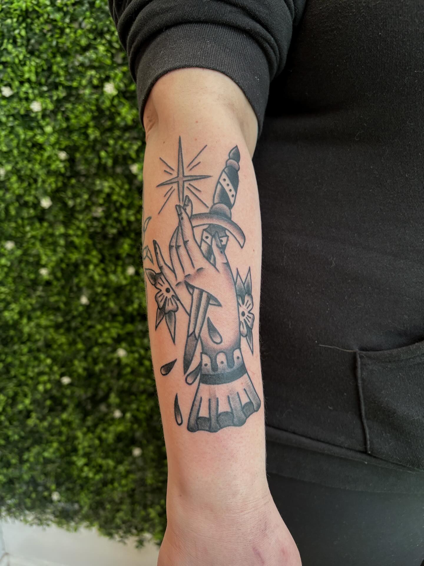 Statue of liberty black and grey tattoo on the forearm by Evan Bisso, Philadelphia, Pennsylvania