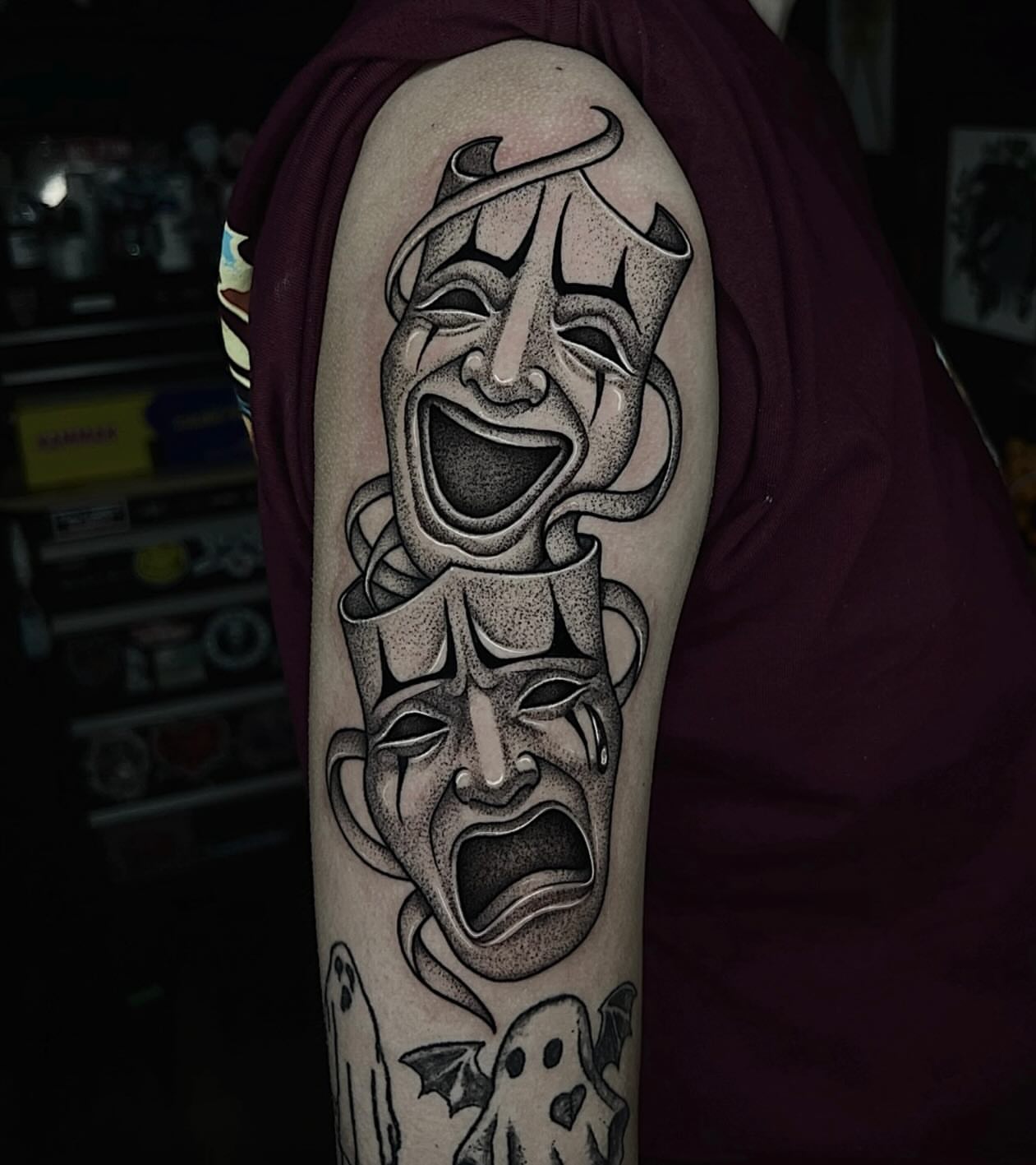 Theater masks dotwork tattoo on the forearm by 𝔅𝔯𝔦 𝔉𝔩𝔢𝔱𝔠𝔥𝔢𝔯
