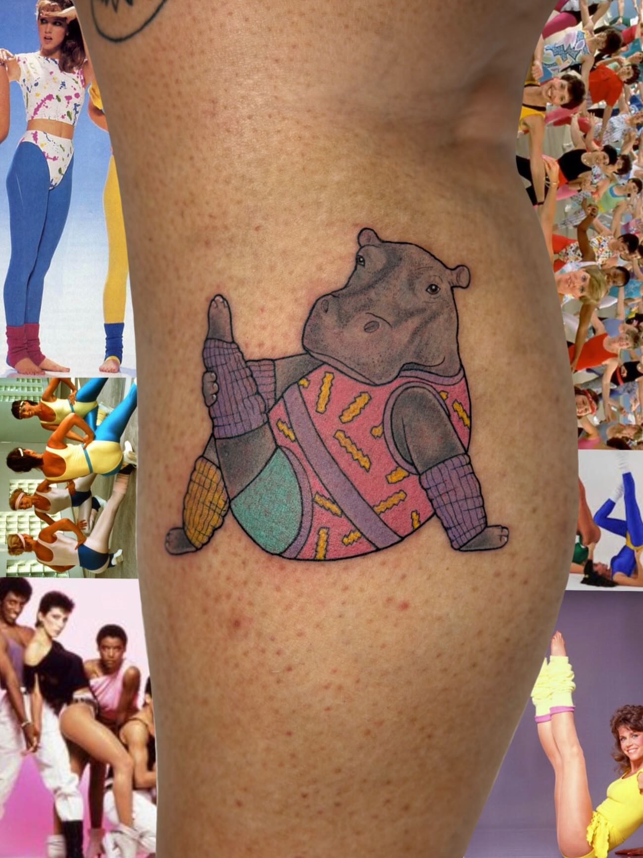 Hippo in sweater illustrative tattoo on the thigh by Alison (Wise) Best