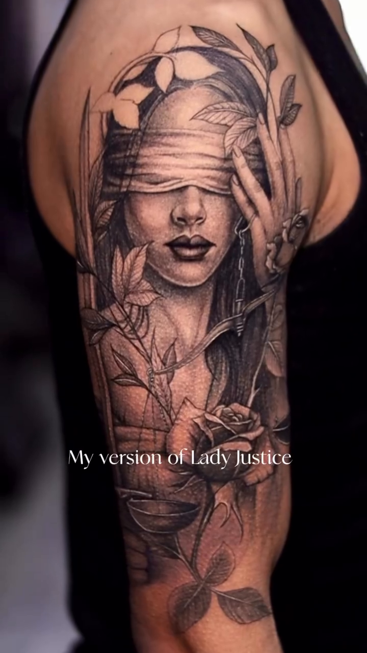 Lady Justice with blindfold and roses realism tattoo on the upper arm by 𝐒𝐡𝐞𝐫𝐥𝐥𝐲