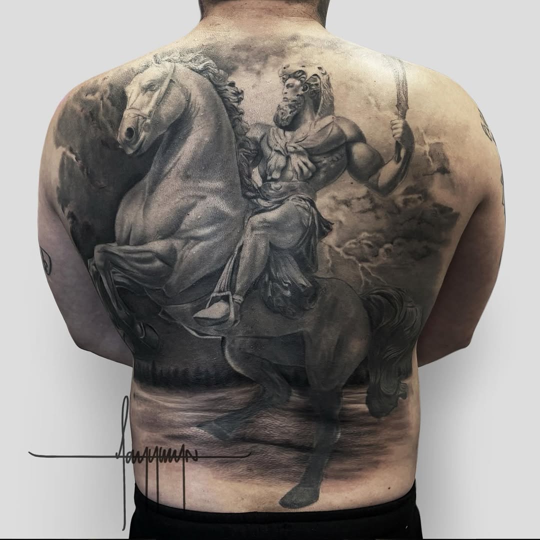 Man on horseback realism tattoo on the back by Jazz