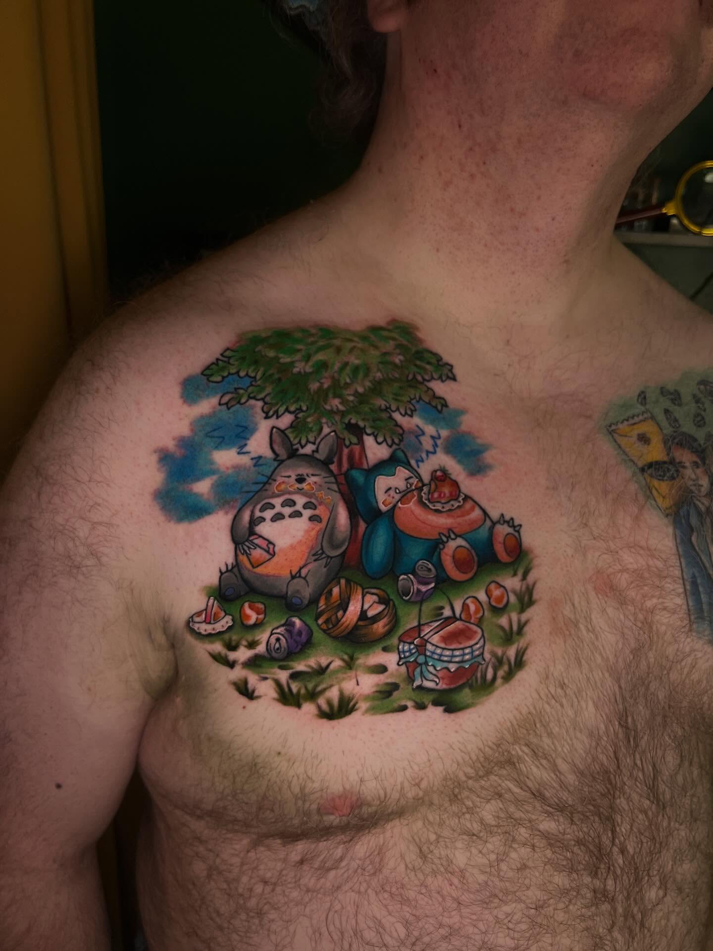Totoro and friends dotwork tattoo on the chest by Serenity Mullins