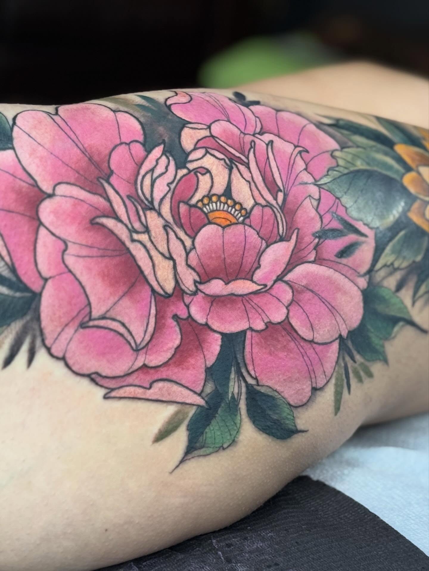 Peony American traditional tattoo on the forearm by jonhighland