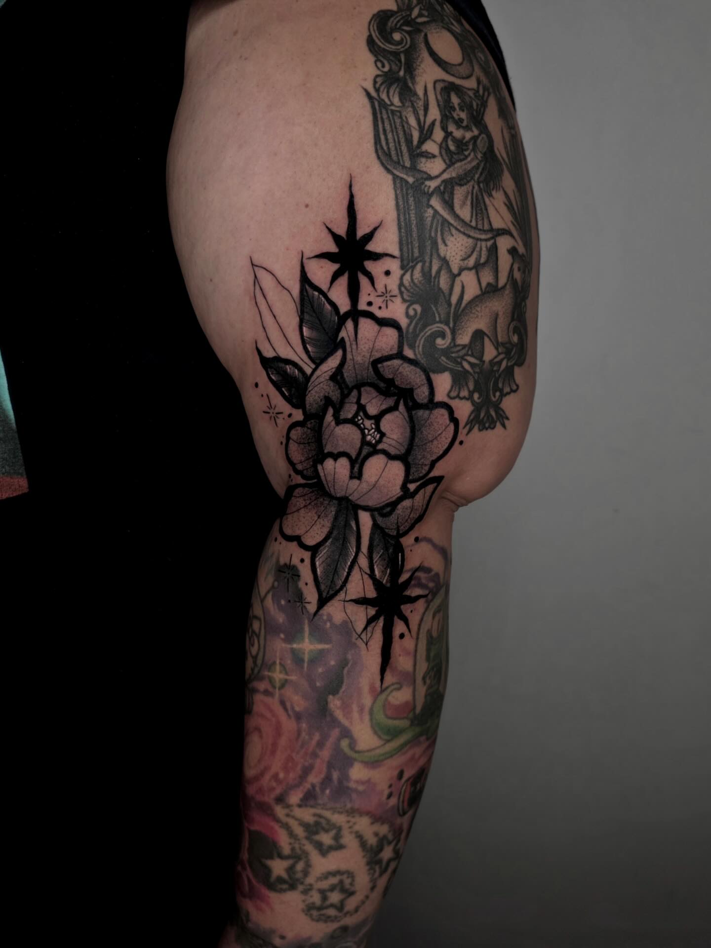 Peony and angel black and grey tattoo on the forearm by ☻ Addie