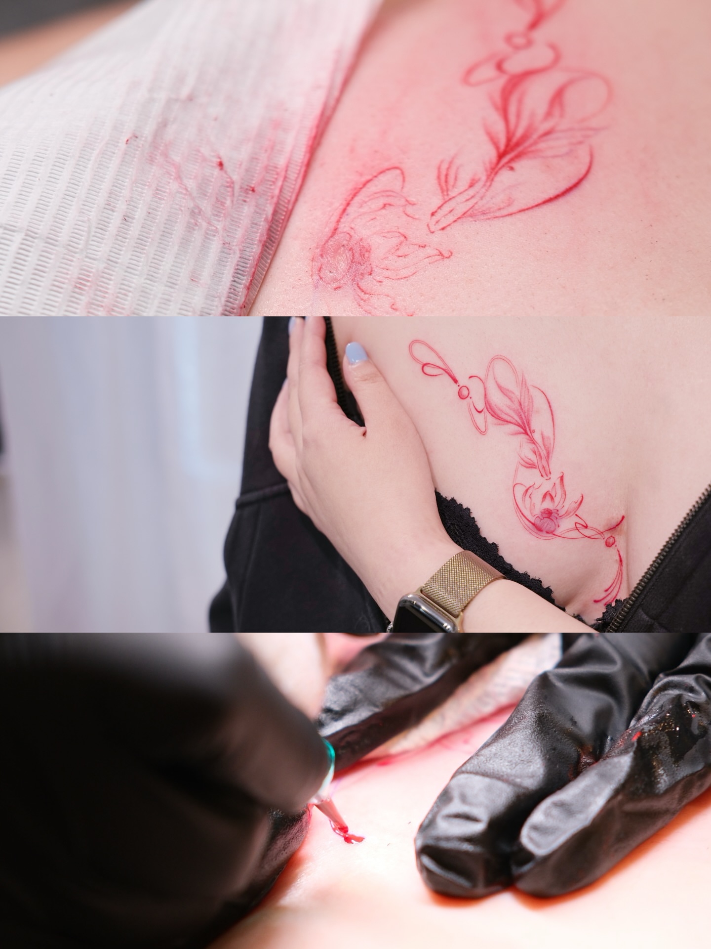 Fish and floral fine line tattoo on the back by 𝕁𝕖𝕞, Richmond, British Columbia