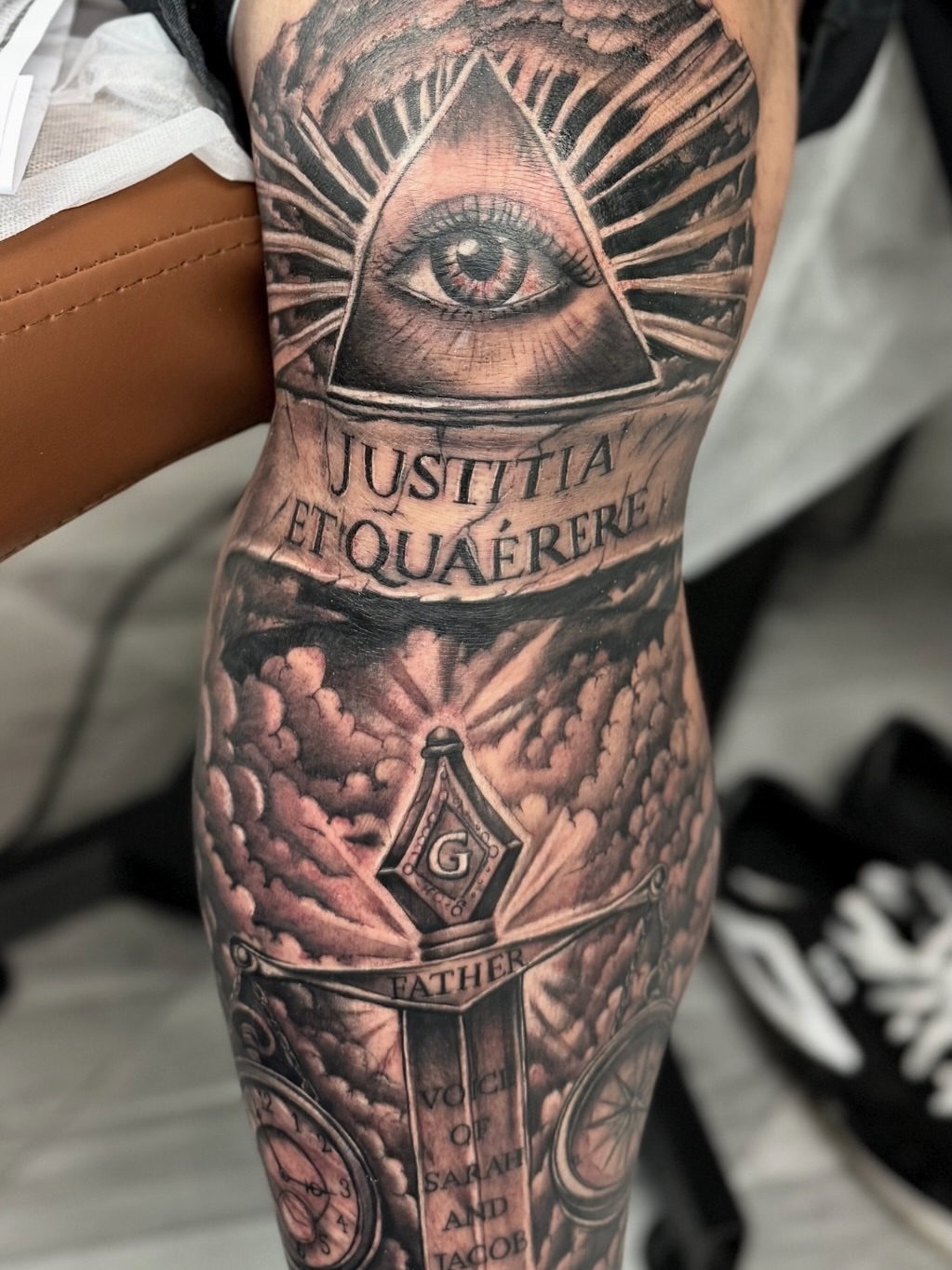 Eye and pyramid realism tattoo on the forearm by Sebastian