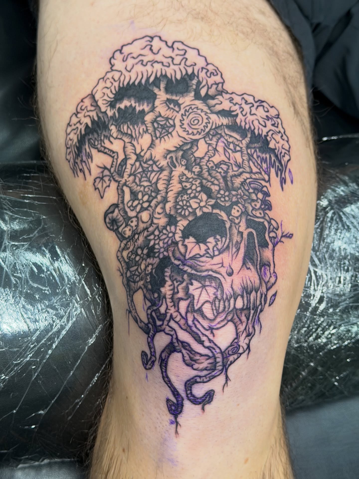 Abstract nature dotwork tattoo on the thigh by Squid