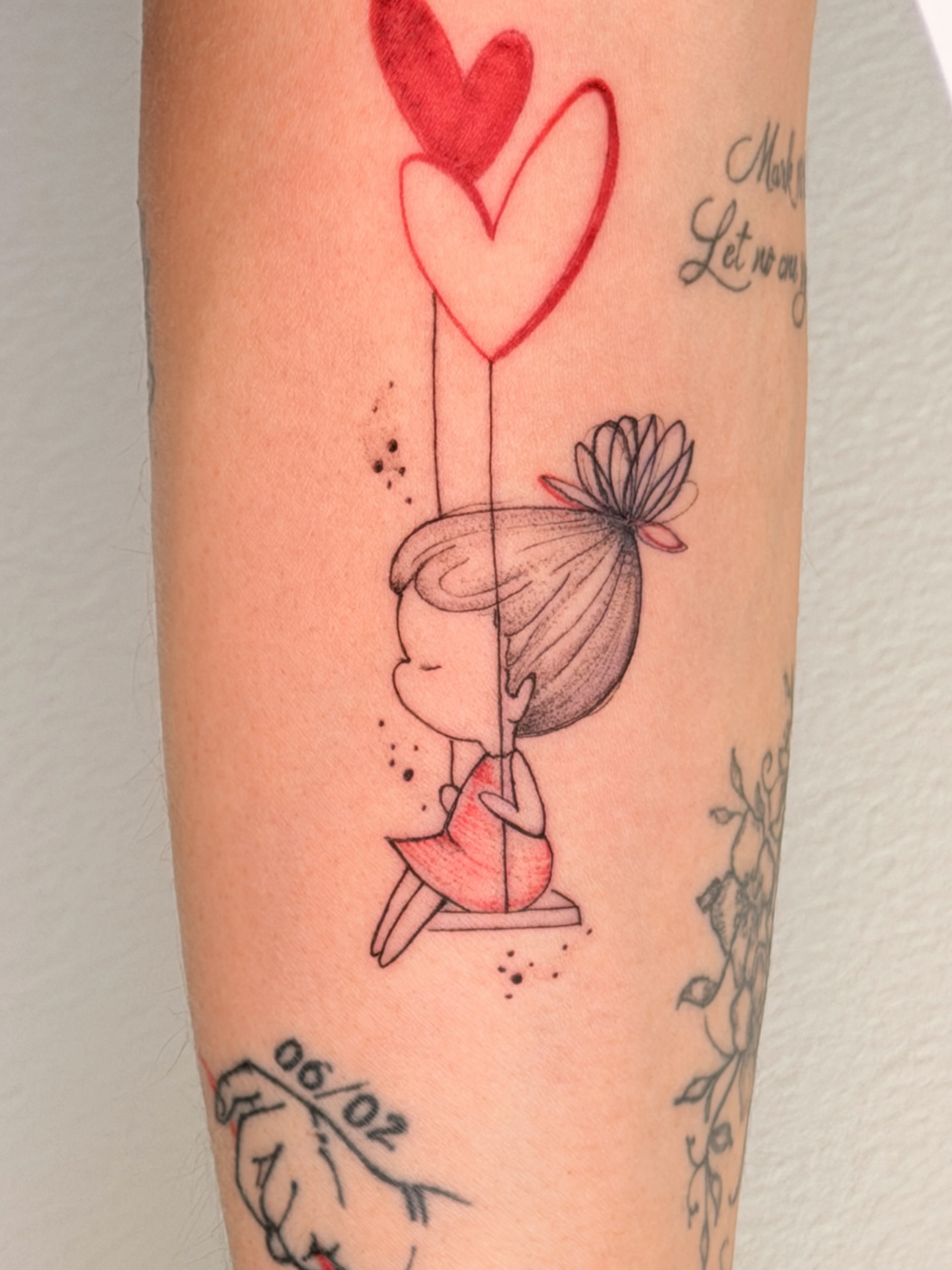 Girl with heart balloons dotwork tattoo on the forearm by Tatuajes Denver