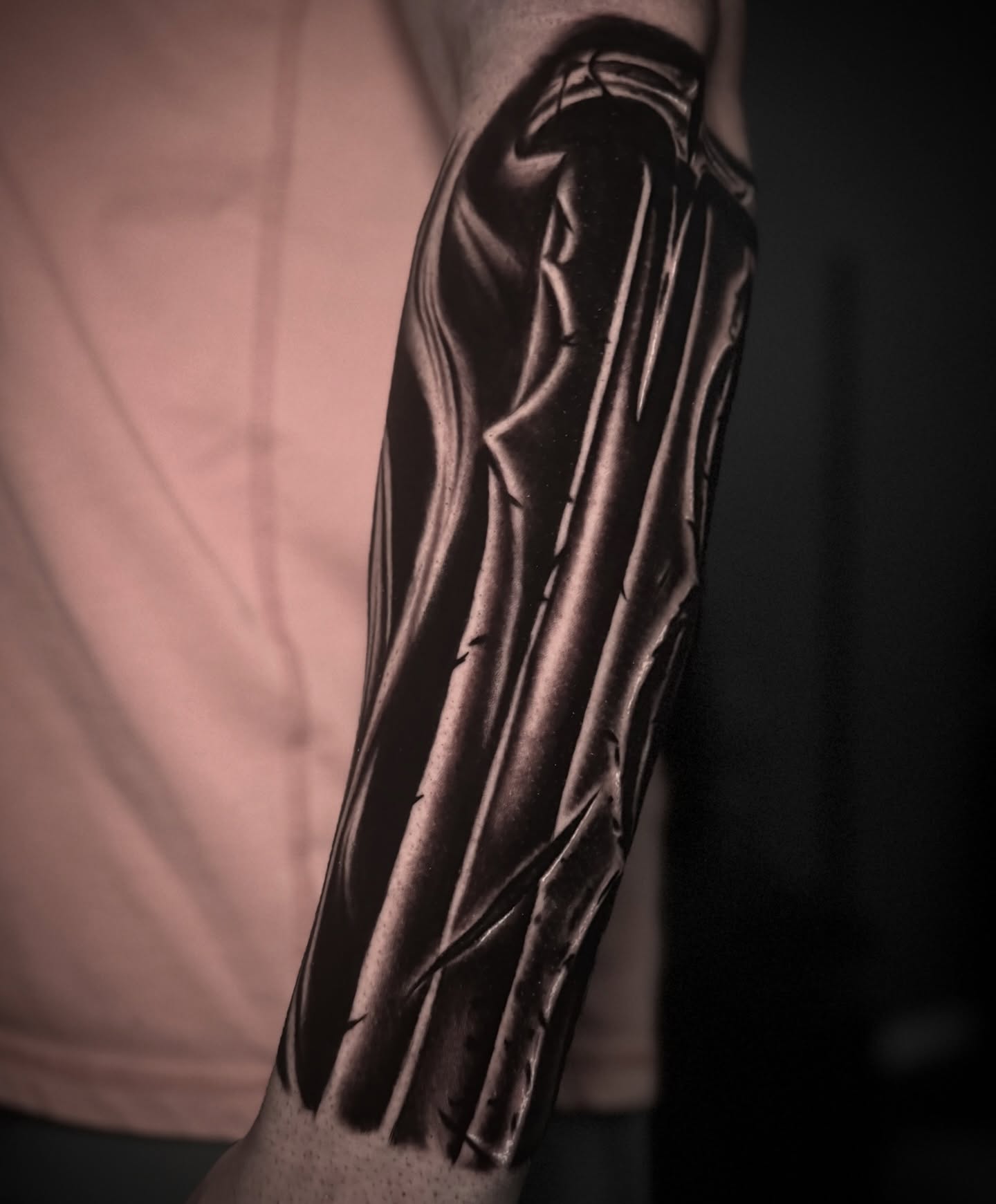Ripped fabric black and grey tattoo on the forearm by 𝕭𝖑𝖆𝖐𝖊 𝕱𝖊𝖗𝖔𝖓𝖊