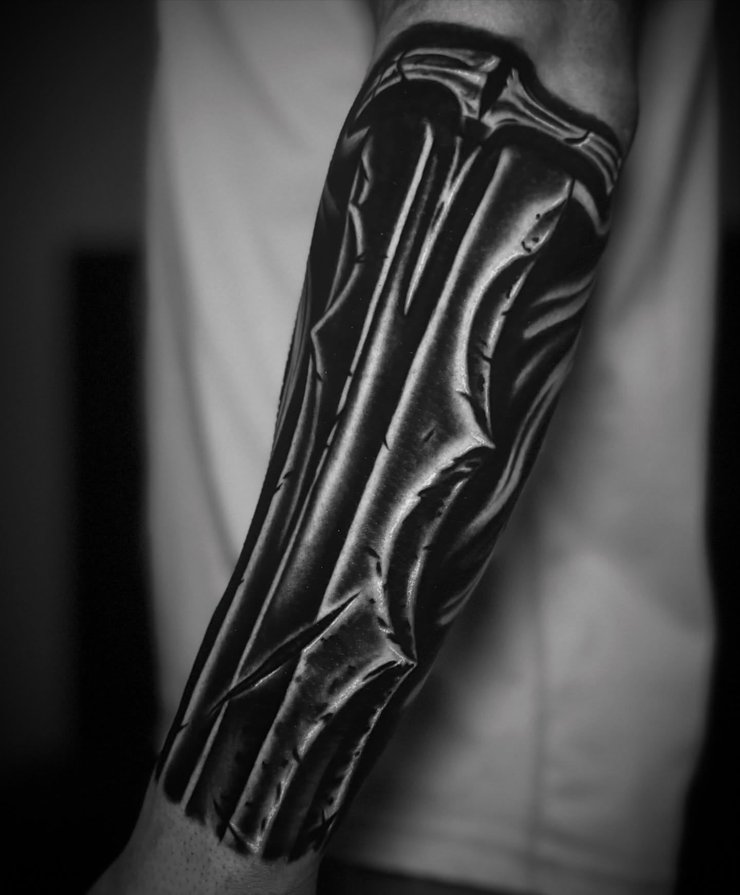 Bone structure black and grey tattoo on the forearm by 𝕭𝖑𝖆𝖐𝖊 𝕱𝖊𝖗𝖔𝖓𝖊