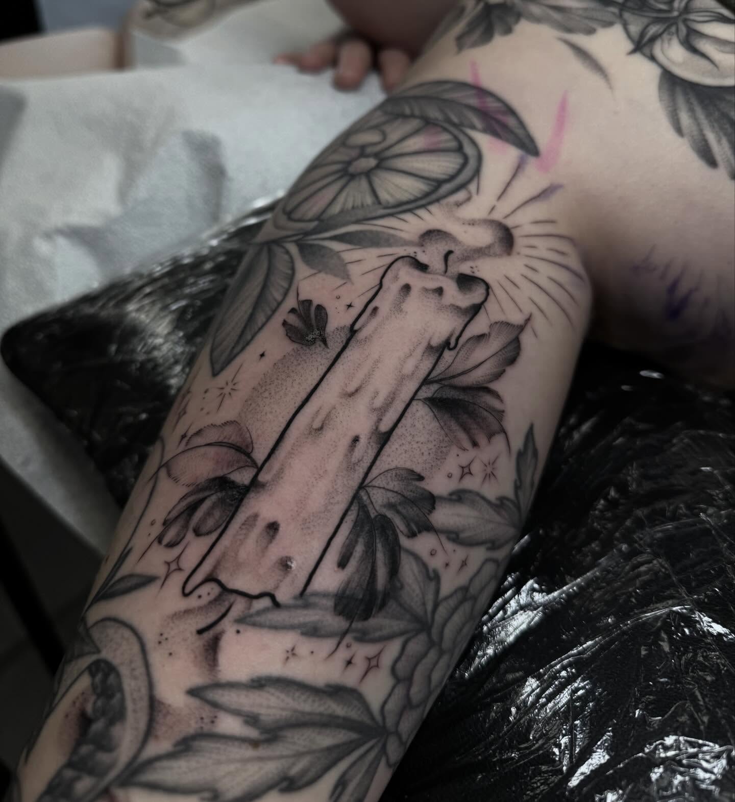 Mushroom and foliage dotwork tattoo on the forearm by Chloe