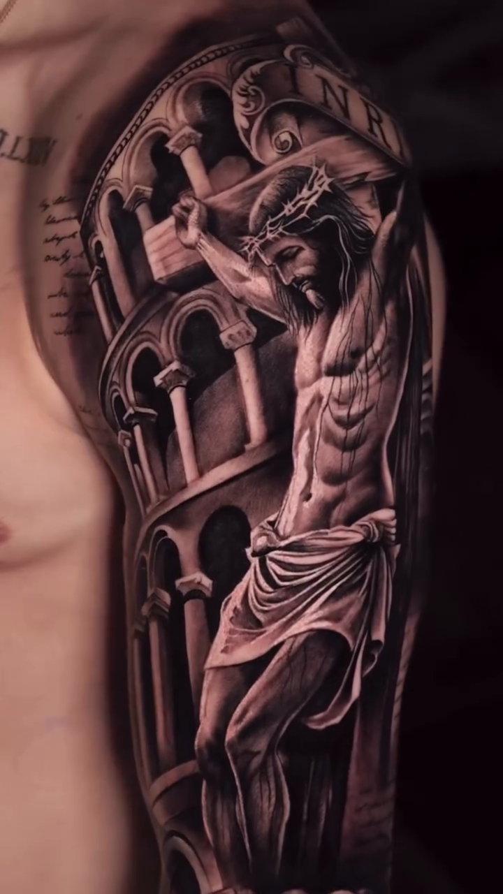 Crucifixion scene with a crying face realism tattoo by Ali Saleh 🇱🇧 Detroit Tattoo Artist, Dearborn, Michigan