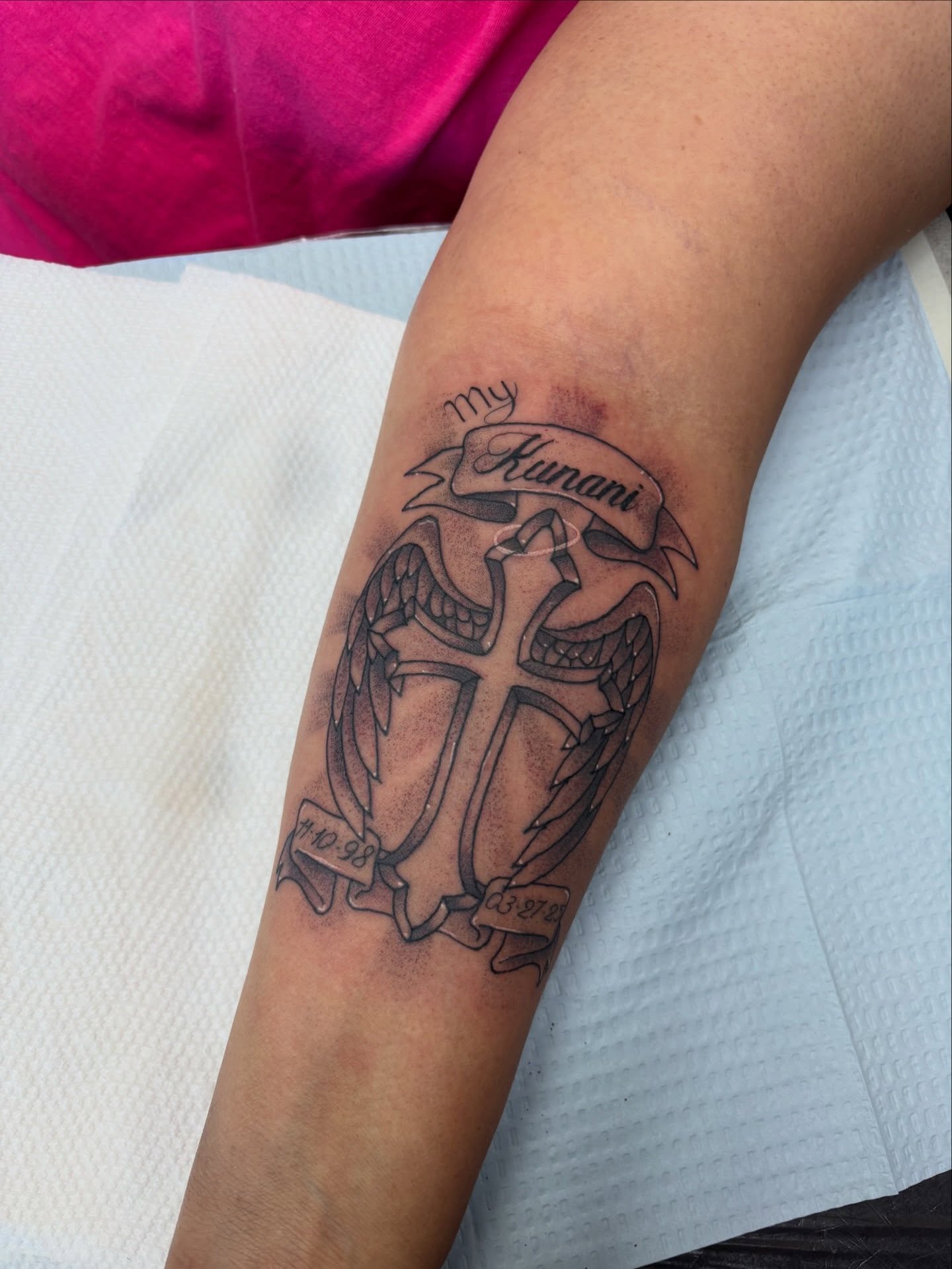 Cross with wings black and grey tattoo on the forearm by Samantha💋🥀