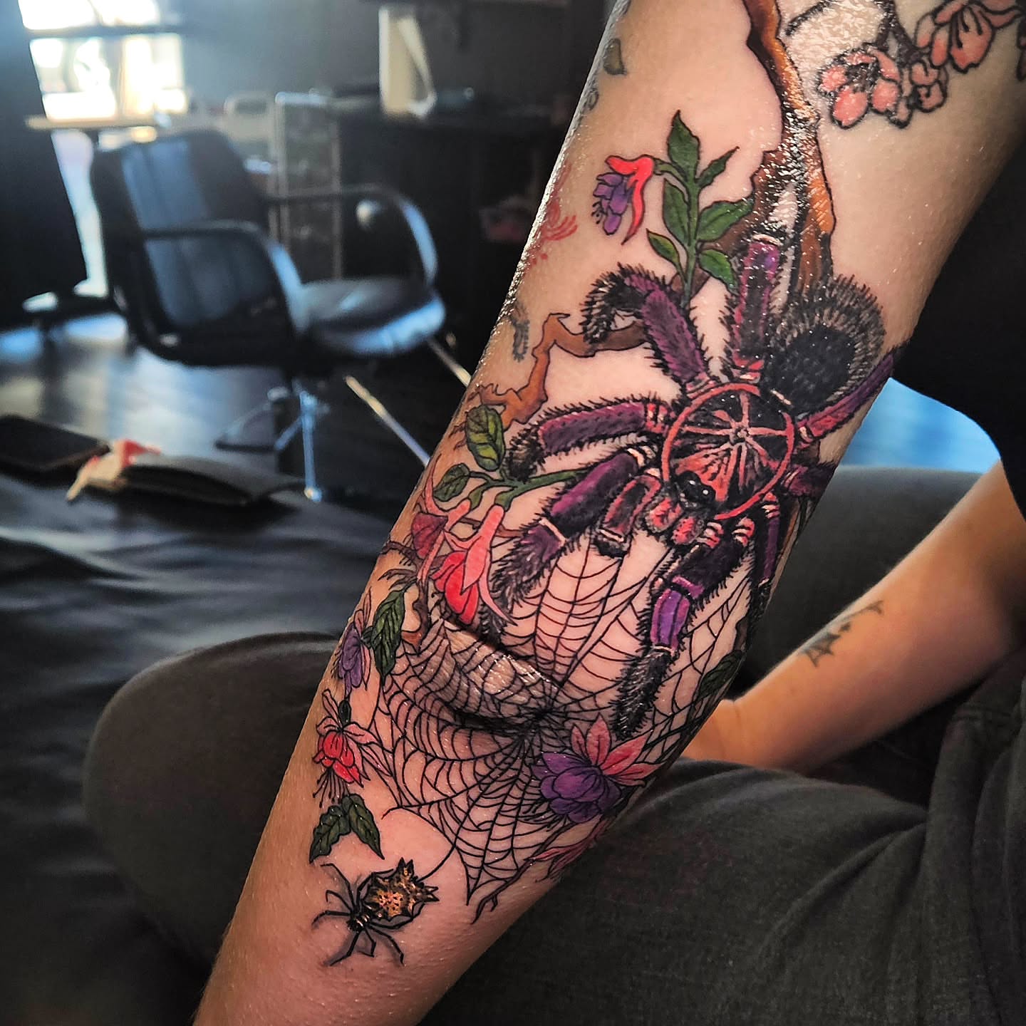 Spider and flowers dotwork tattoo on the forearm by Angie Griffith 🥰, Glendale, Arizona