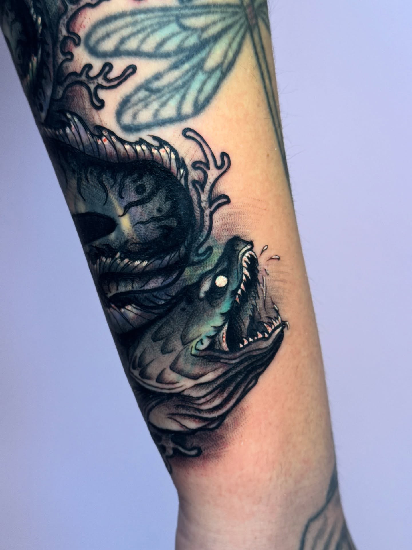 Tiger black and grey tattoo on the forearm by Mitch McGarry
