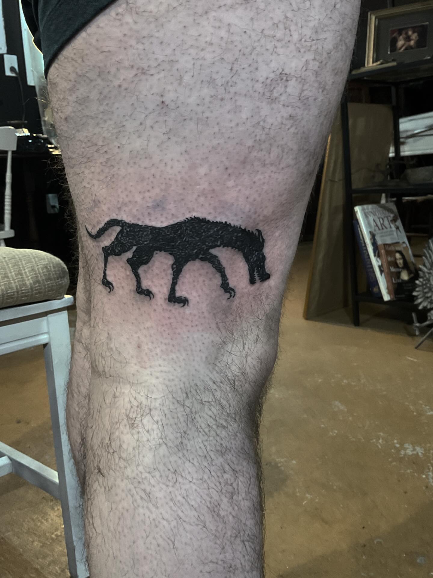 Wolf dotwork tattoo on the thigh by ๐ญ๐๐๐๐