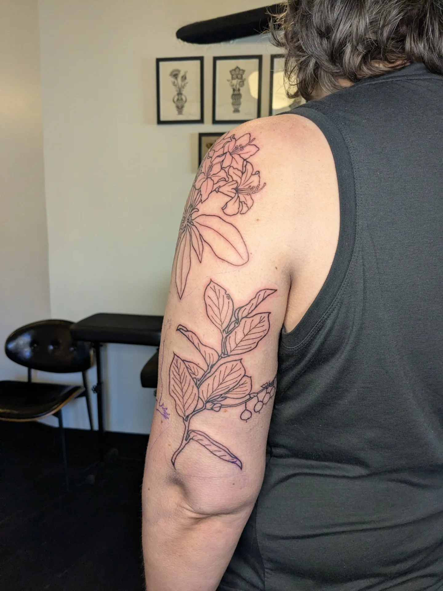 Floral branch fine line tattoo on the upper arm by Madison Cañedo ✺ Portland tattoo