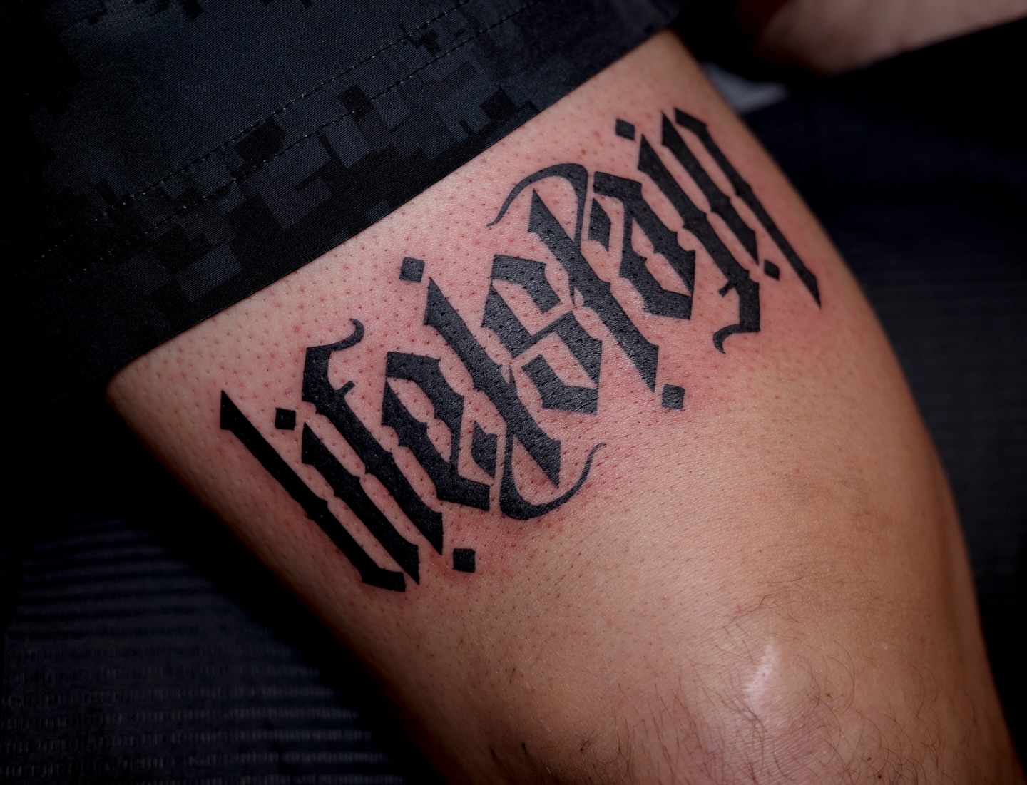 Script lettering lettering script tattoo on the thigh by Sequoia Rose, Portland, Oregon