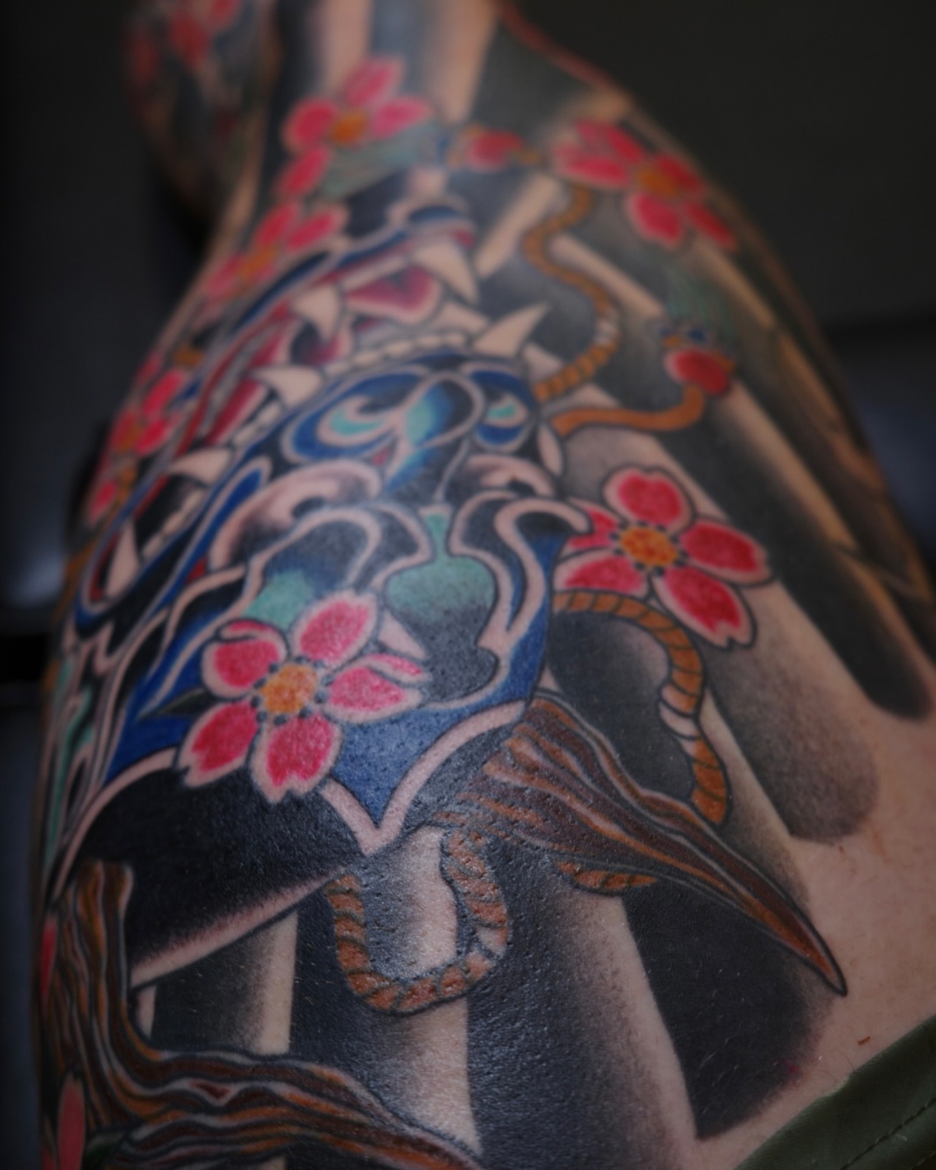 Floral design japanese irezumi tattoo on the upper arm by Sequoia Rose, Portland, Oregon