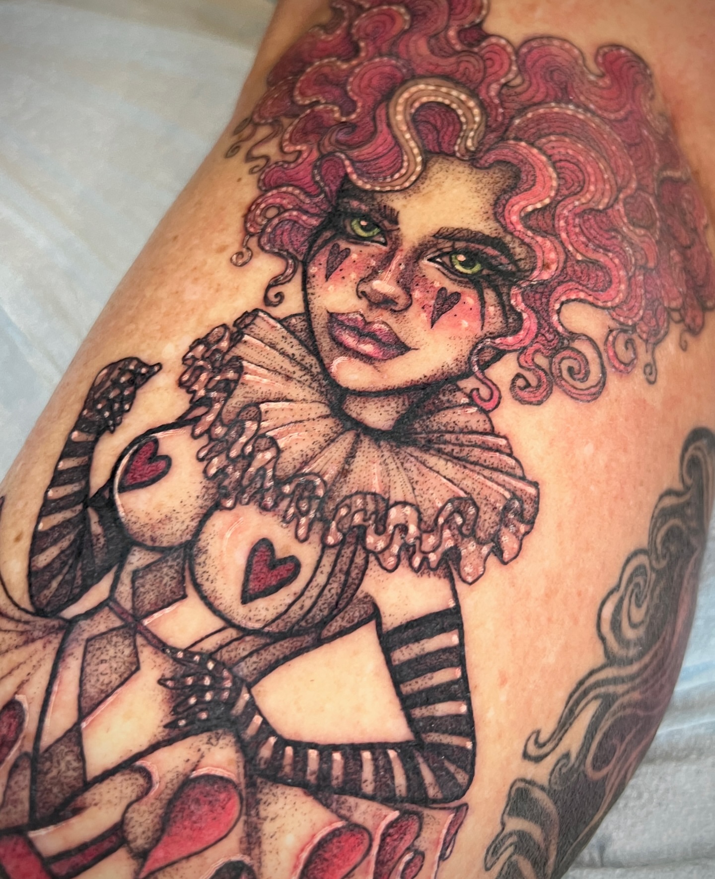 Court jester dotwork tattoo on the thigh by ✨ Pata Pardee ✨ illustration tattoo