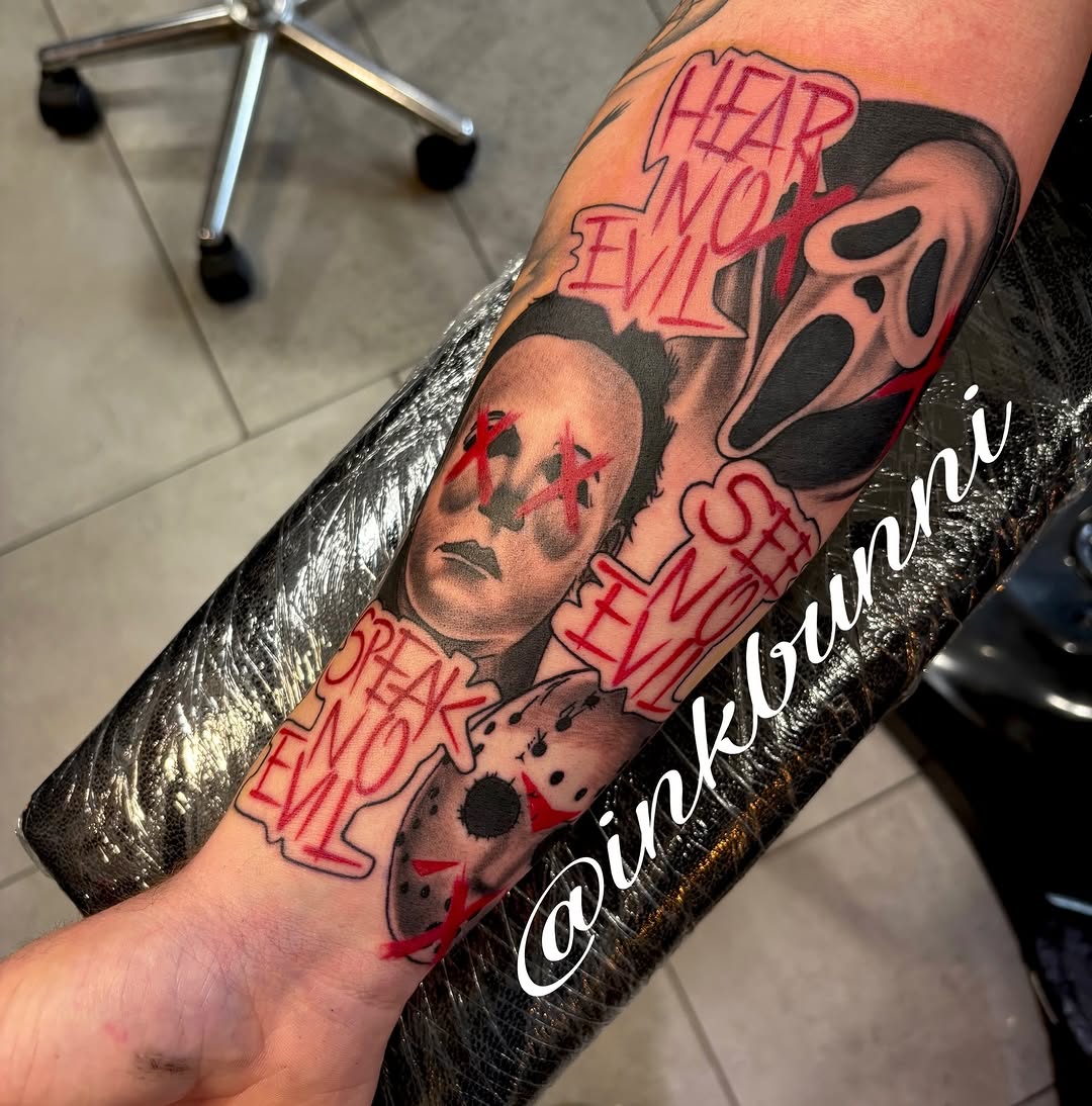 Horror movie characters anime tattoo on the forearm by Hailey Aka inkbunni, Detroit, Michigan
