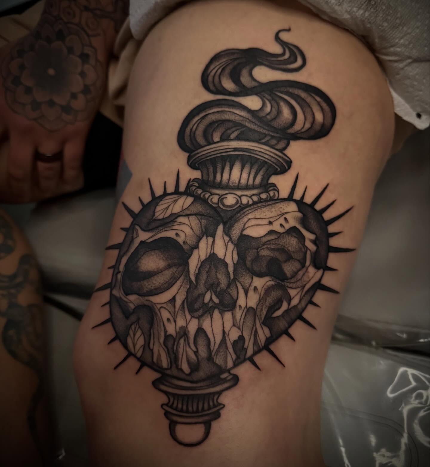 Tattoo by @inkandivvy — black_and_grey, dark_realism