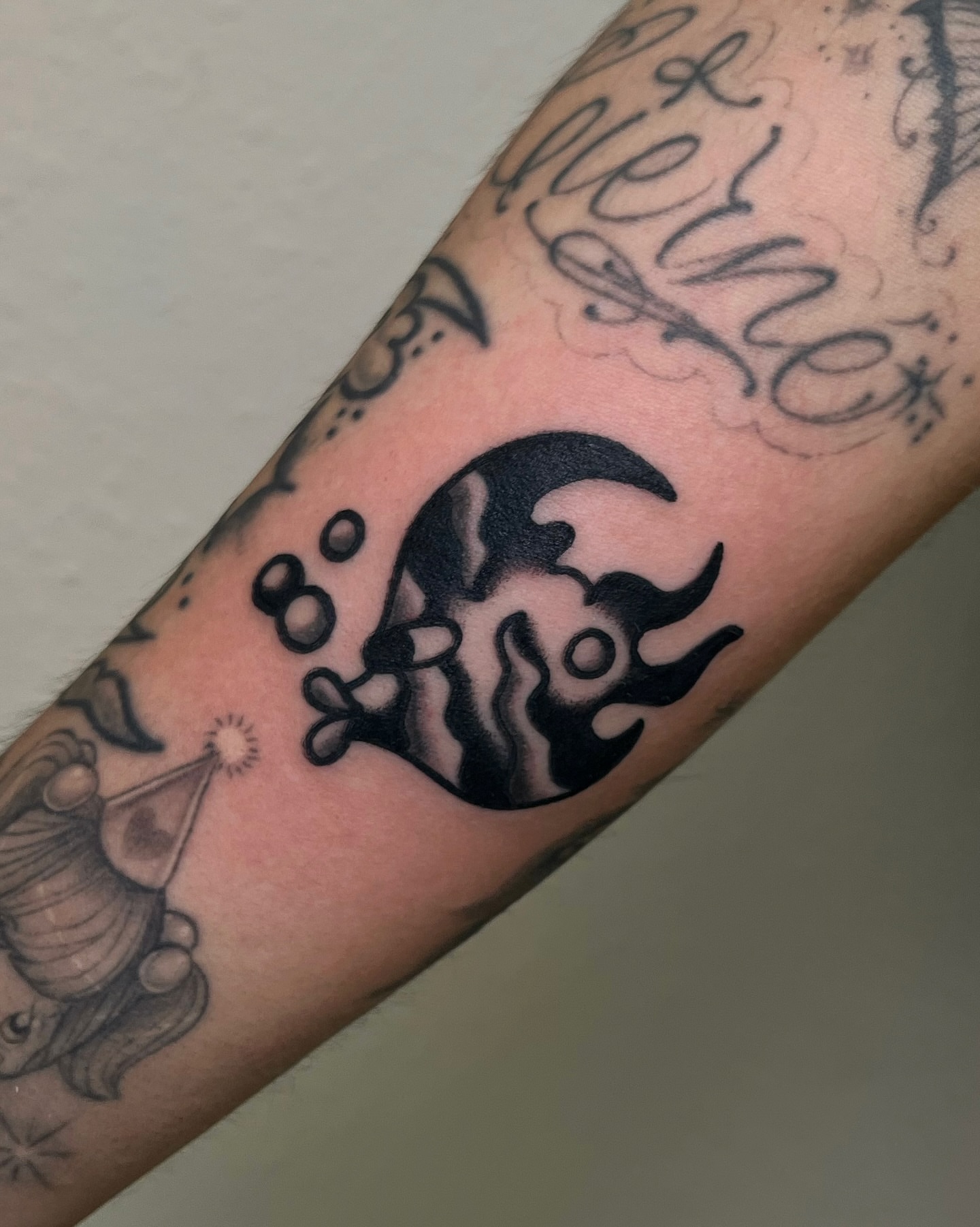 Moon and stars black and grey tattoo on the forearm by Tattoo Dust ☻ Los Angeles