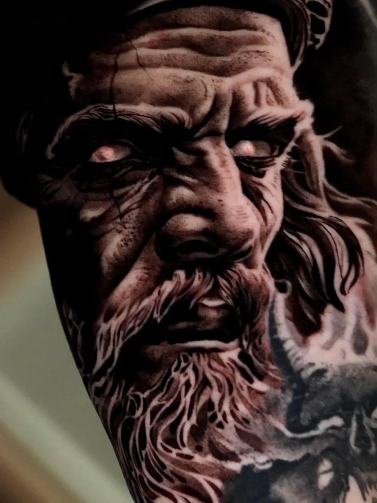 Bearded old man realism tattoo on the forearm by Jesus Bravo