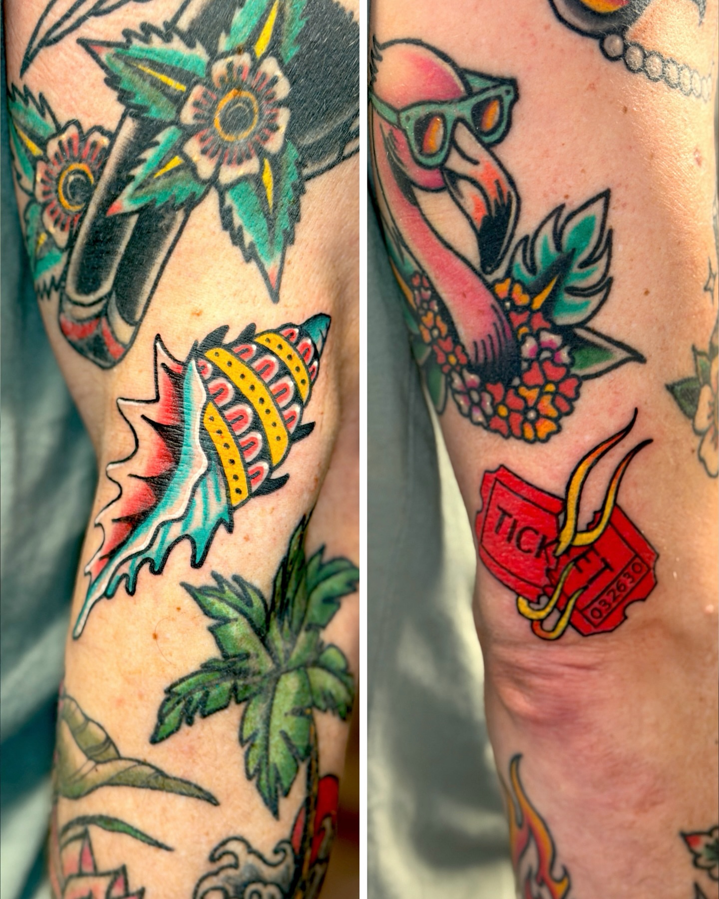 Flamingo and seashell American traditional tattoo on the forearm by R e N O T