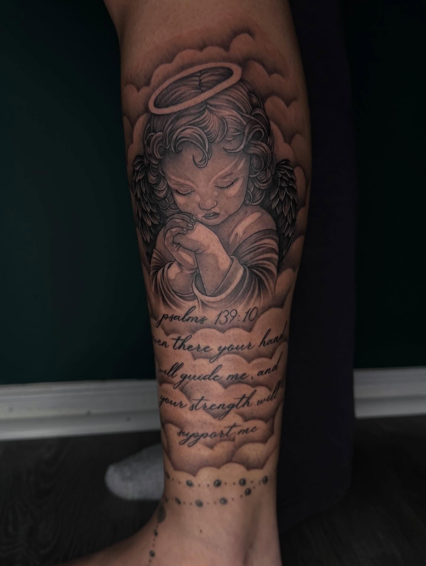 Praying angel realism tattoo on the forearm by ༺☆༻