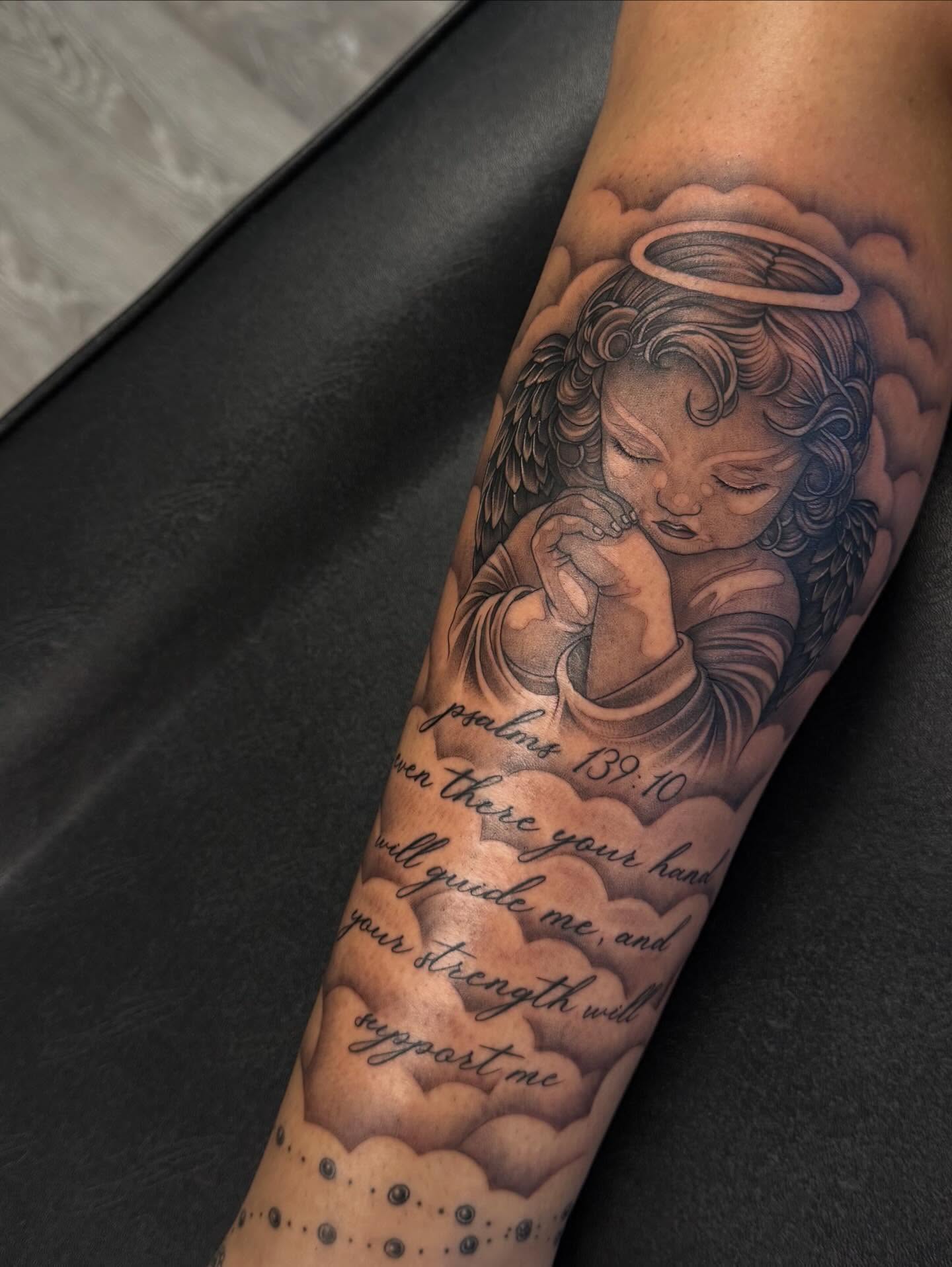 Praying angel realism tattoo on the forearm by ༺☆༻