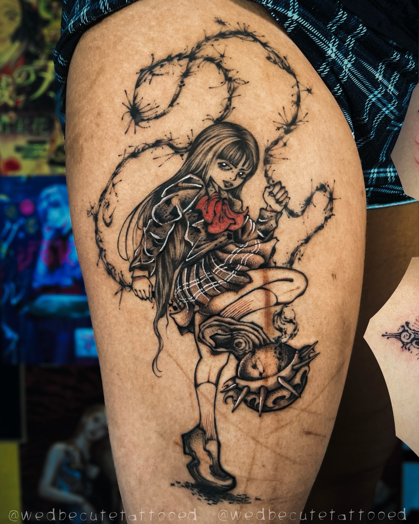 Anime girl with barbed wire anime tattoo on the thigh by мια ѕυη