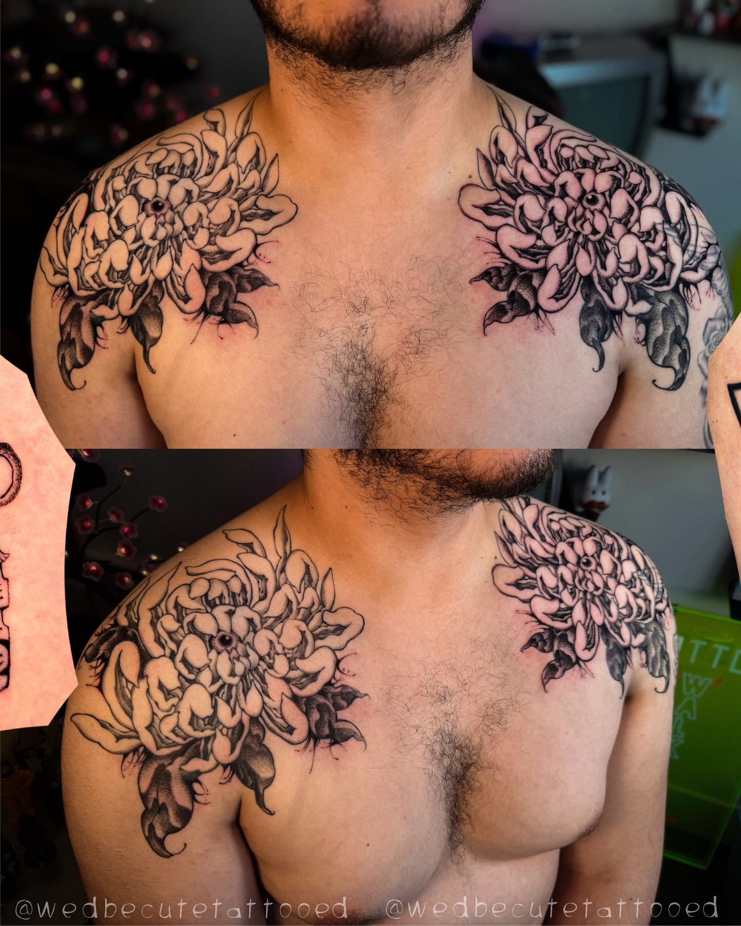 Floral bouquet black and grey tattoo on the chest by мια ѕυη