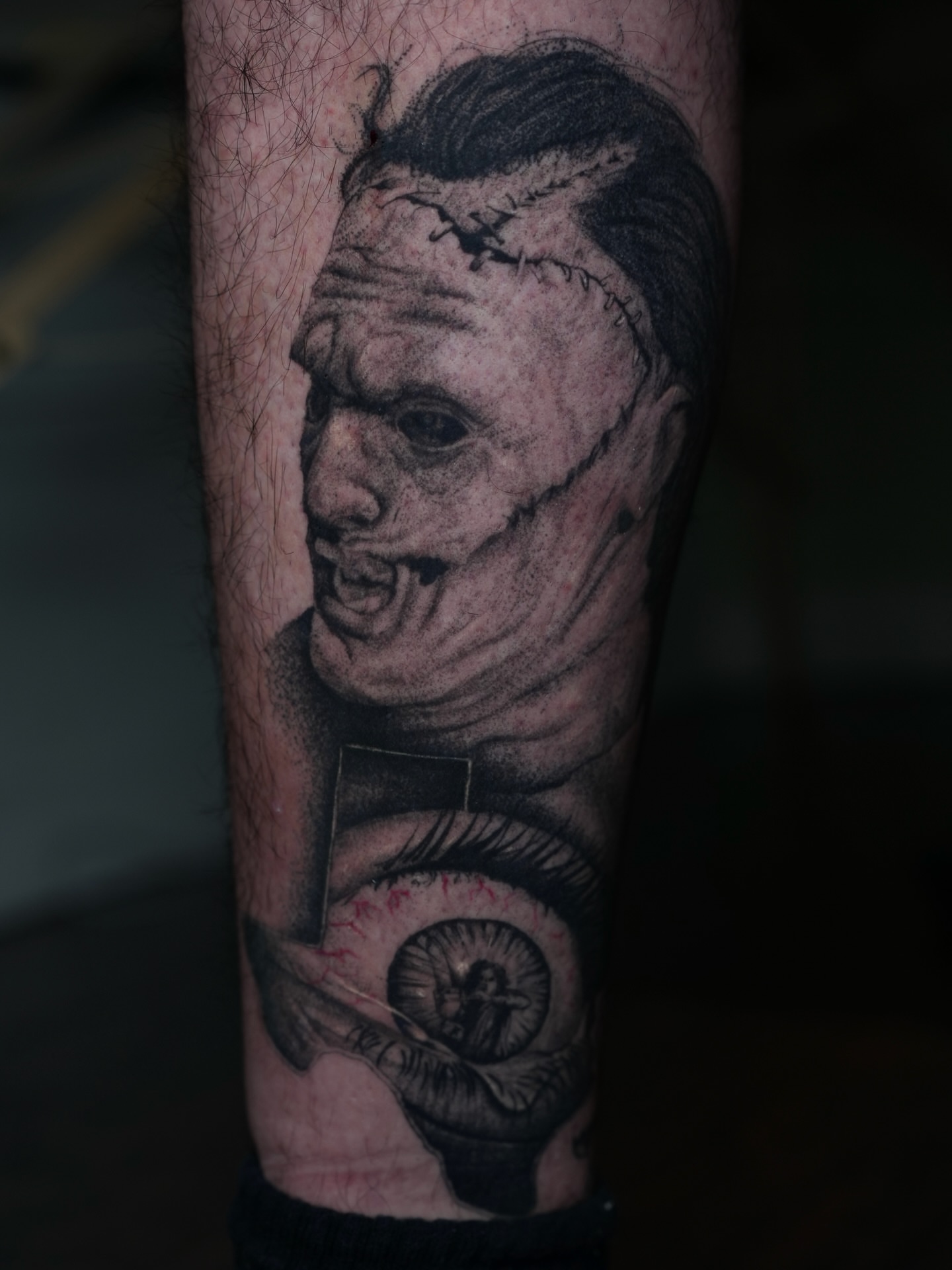 Michael Myers dark realism tattoo on the forearm by Dotwork