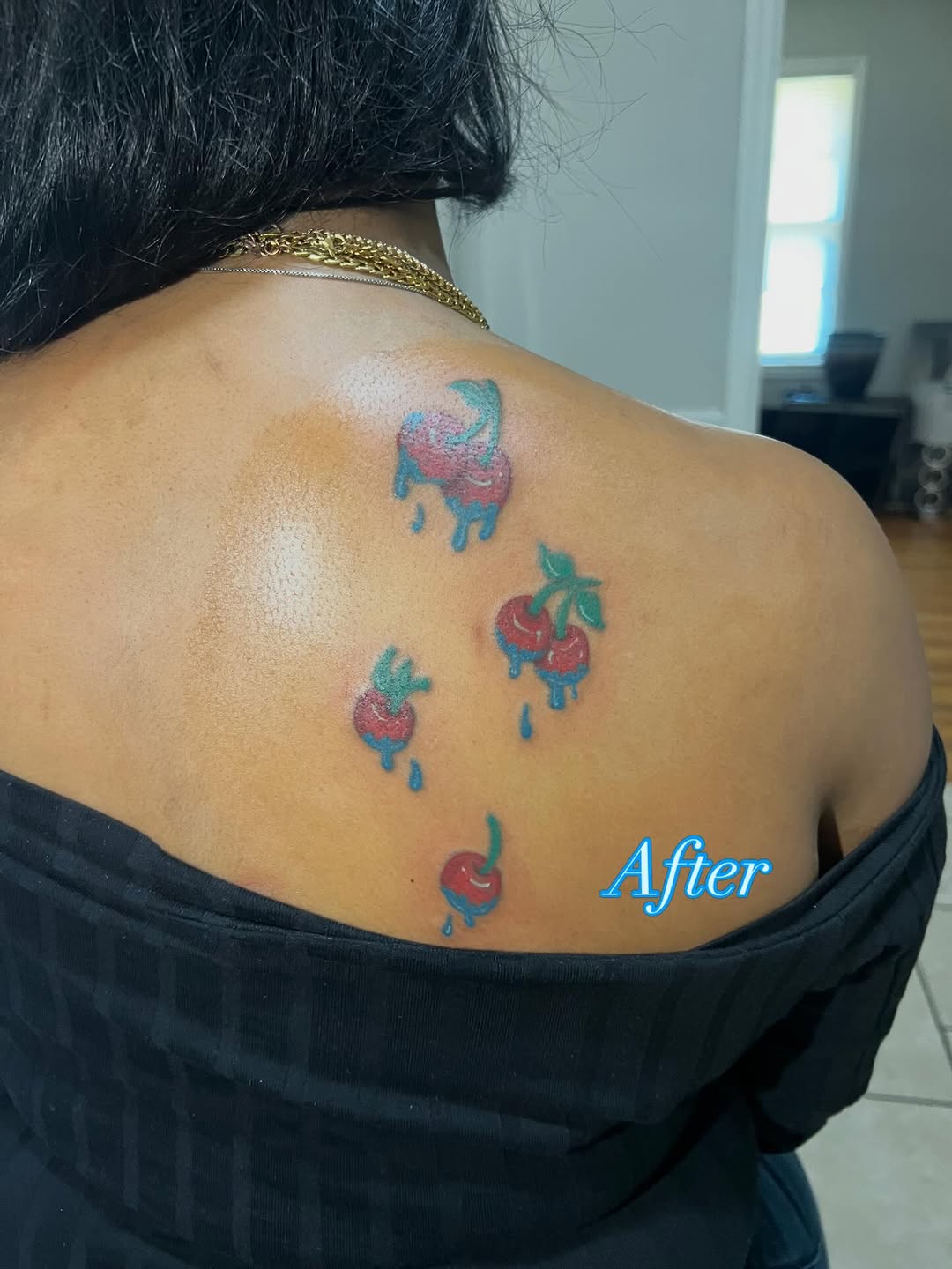 Dripping cherries watercolor tattoo on the back by Deangelo Inkcrazy Dukes