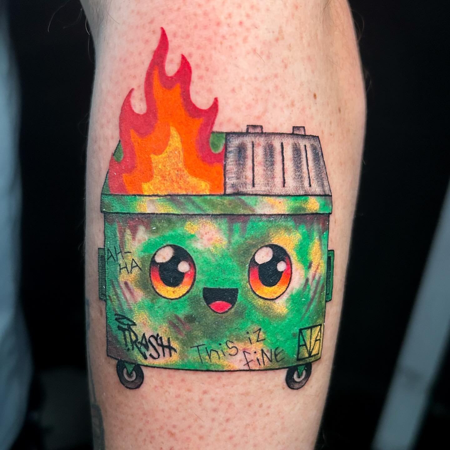 Trash can dotwork tattoo on the forearm by Maia Pizarro