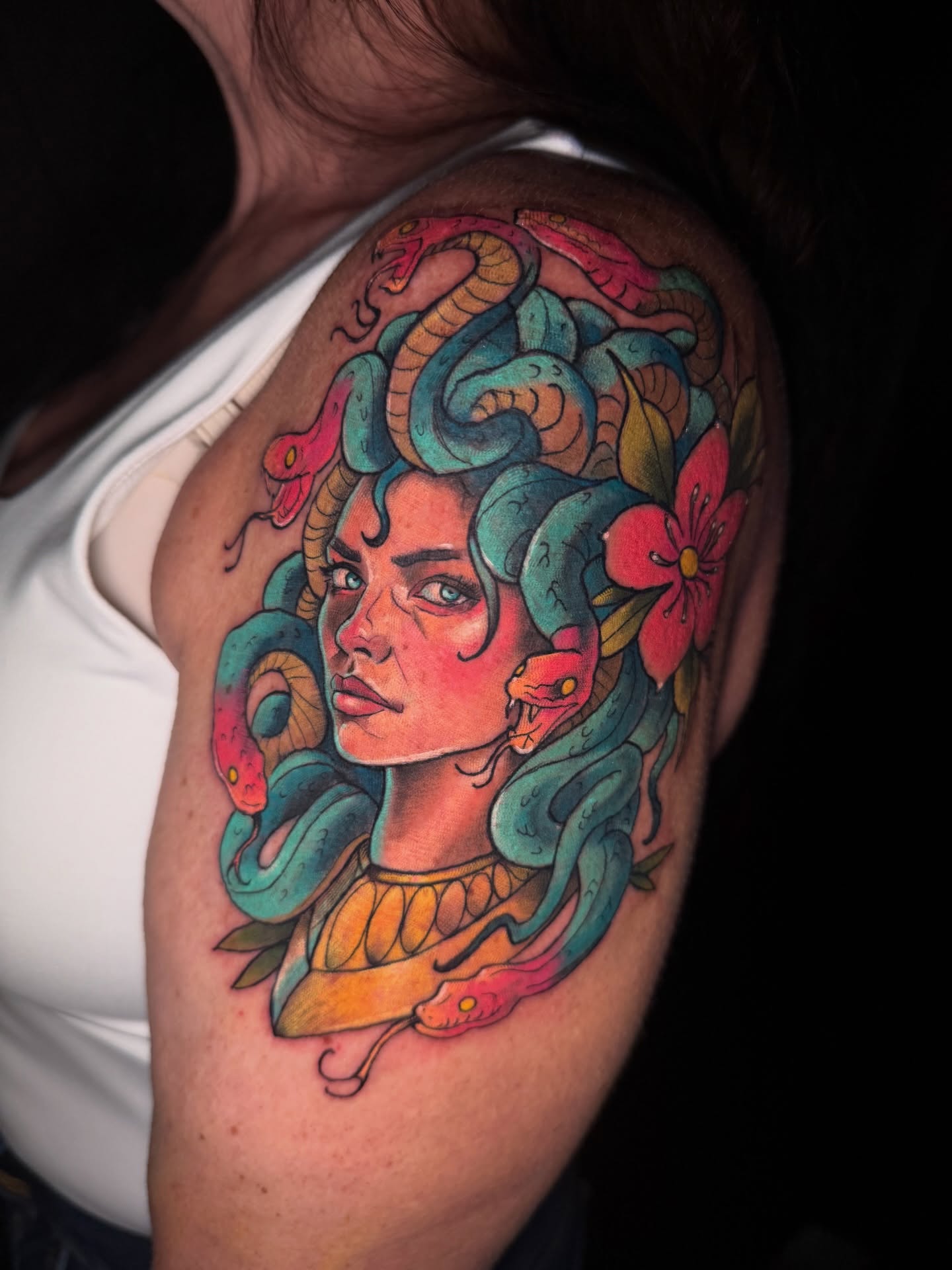 Medusa new school tattoo on the shoulder by Paul Endres Jr